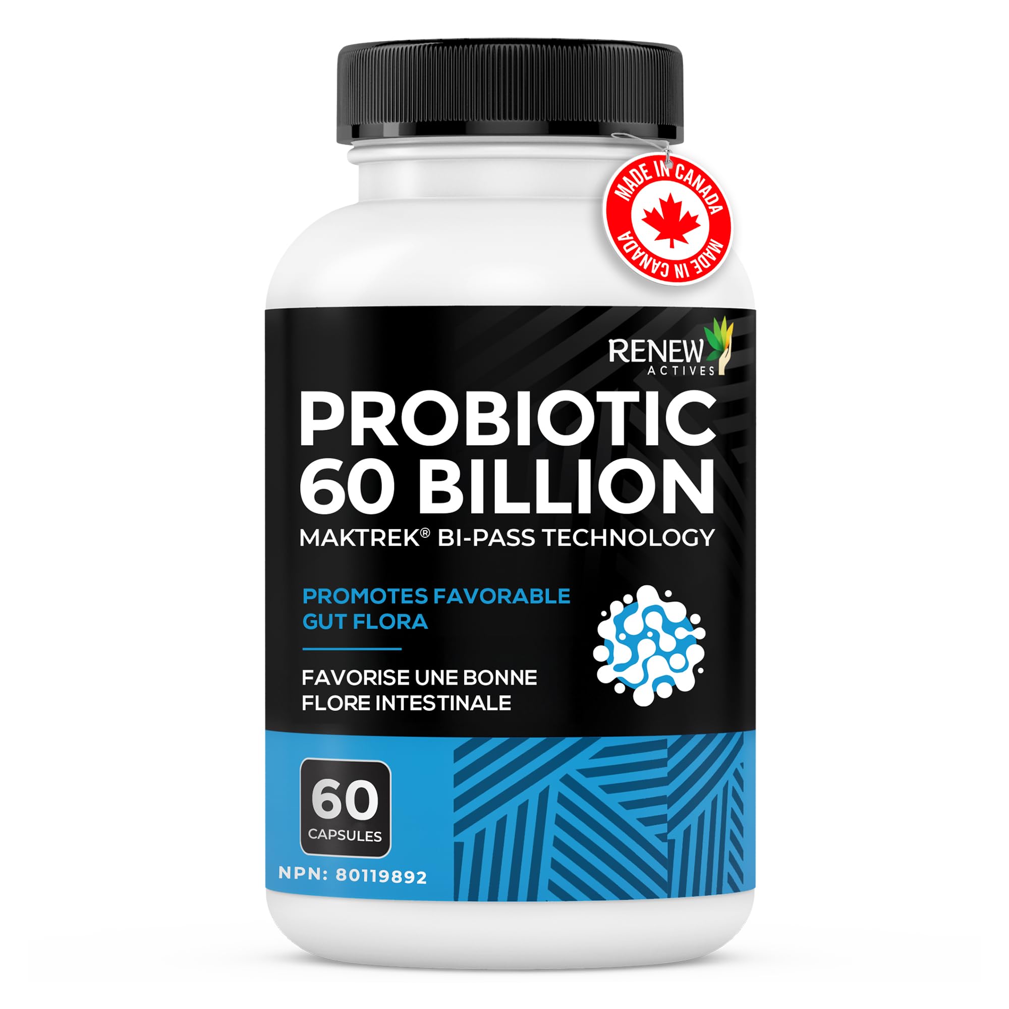 Renew Actives Probiotic Supplement for Digestive Health 60 Billion CFU per 2 Capsules - Advanced Formula with Prebiotic Benefits - Supports Gut Flora Balance & Wellness - Made in Canada - 60 Capsules - OzHealthStandard