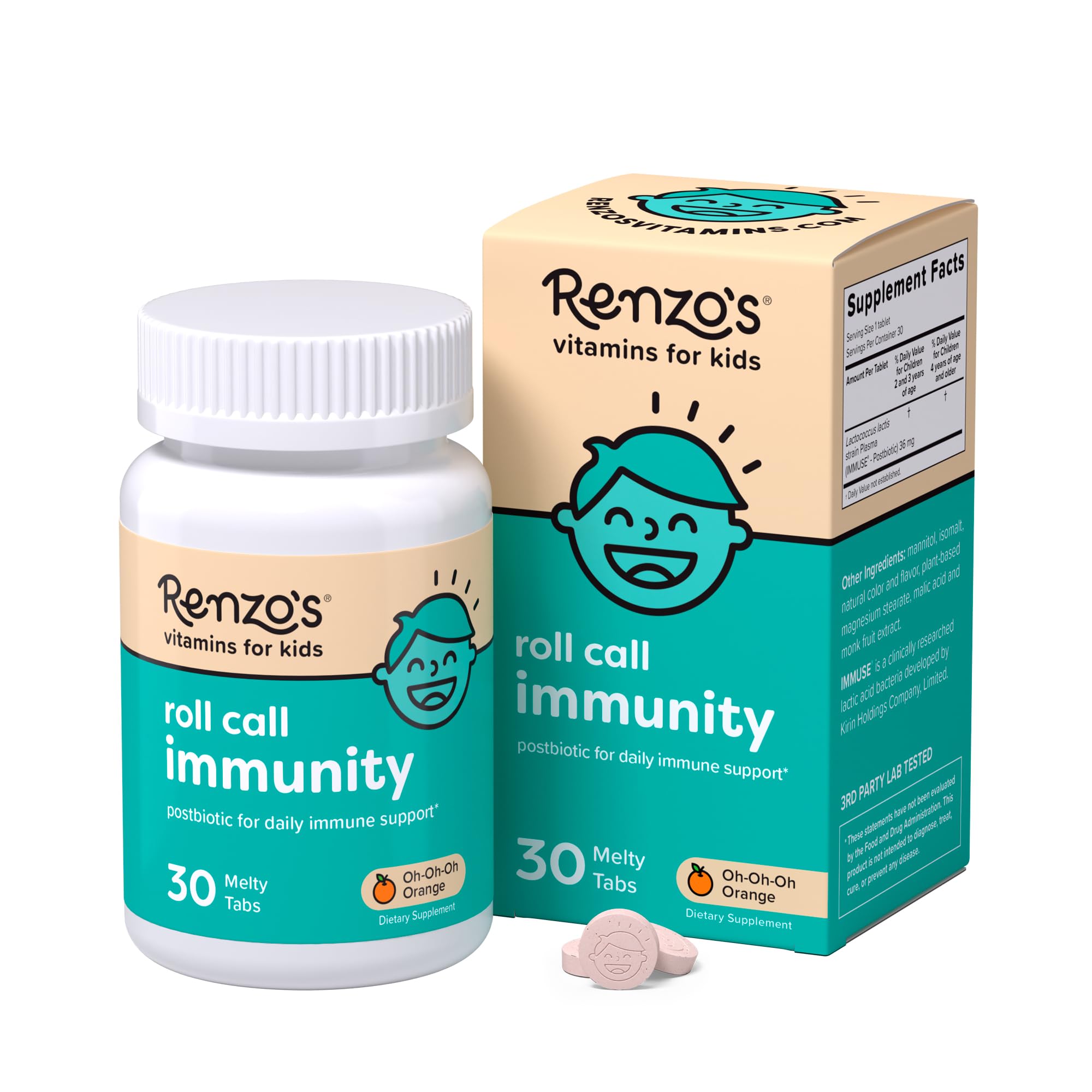 Renzo's Roll Call Immunity - Dissolvable Kids Immune Support Supplement with IMMUSE Postbiotic, Sugar-Free Kids Vitamins, 30 Orange-Flavored Melty Tabs - OzHealthStandard