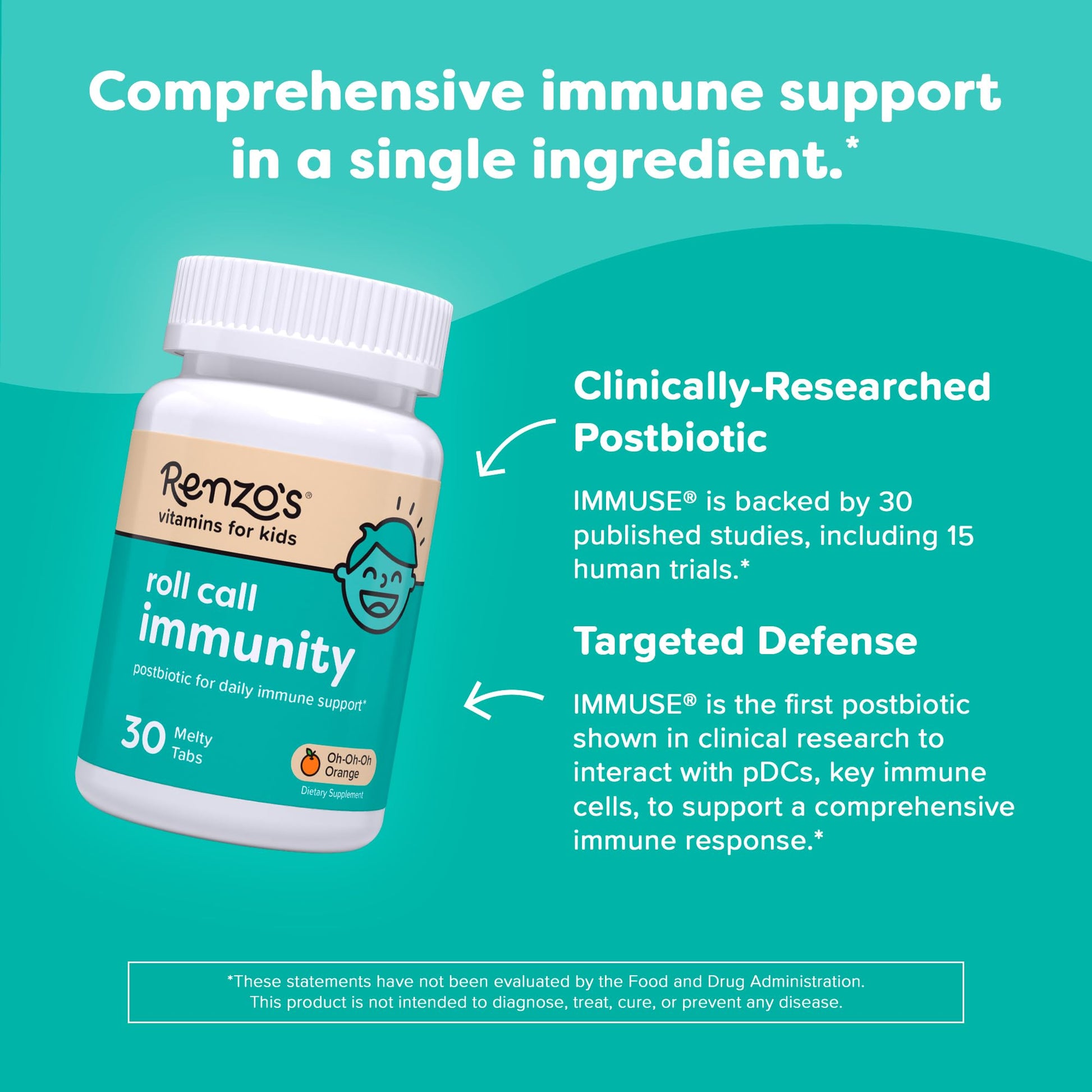 Renzo's Roll Call Immunity - Dissolvable Kids Immune Support Supplement with IMMUSE Postbiotic, Sugar-Free Kids Vitamins, 30 Orange-Flavored Melty Tabs - OzHealthStandard