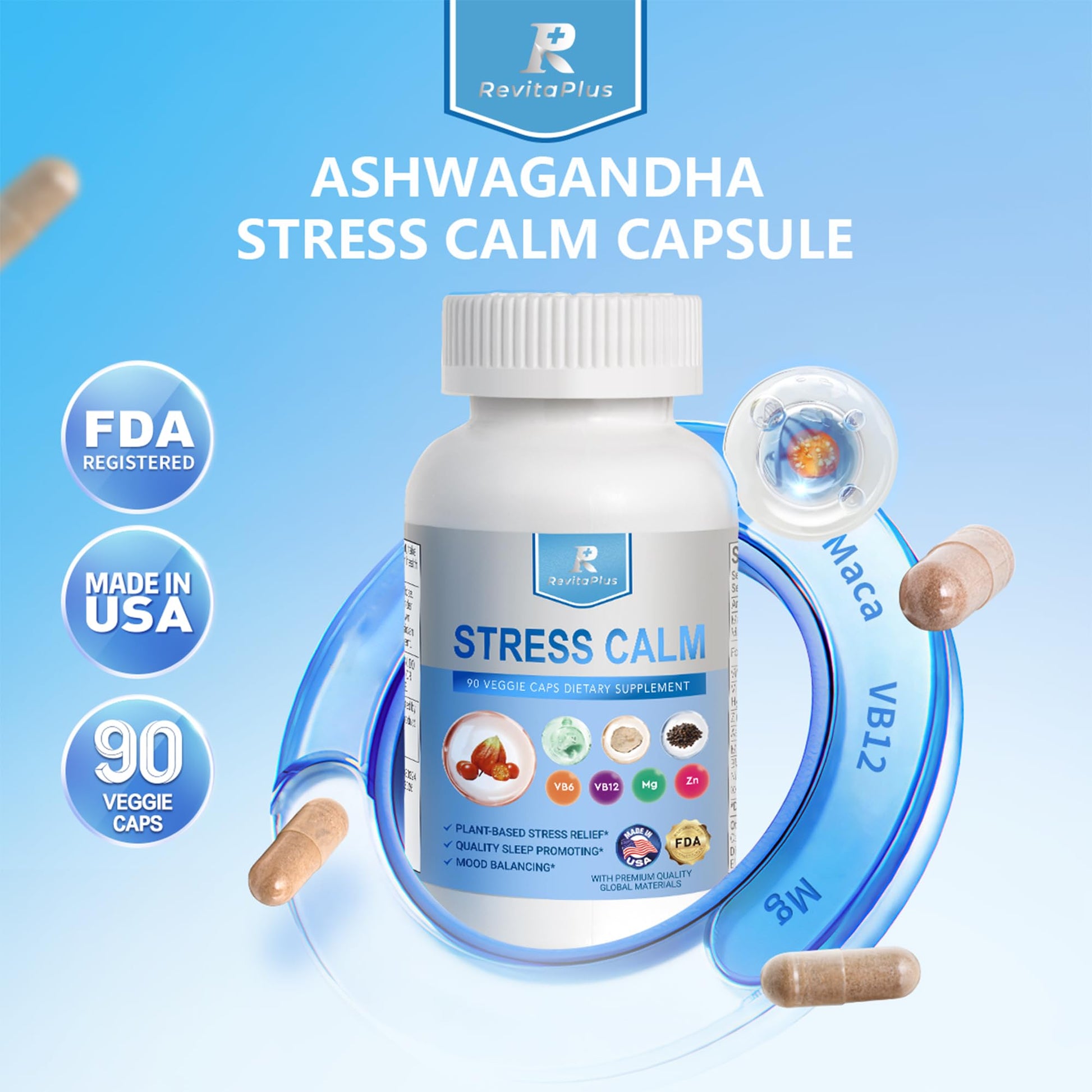 RevitaPlus 8-in-1 Ashwagandha Supplements with B12 B6 Magnesium Maca Zinc Folate, Cortisol Supplements for Women and Men Supports Stress Relief, Sleep, Energy, Focus(90 Capsules) - OzHealthStandard