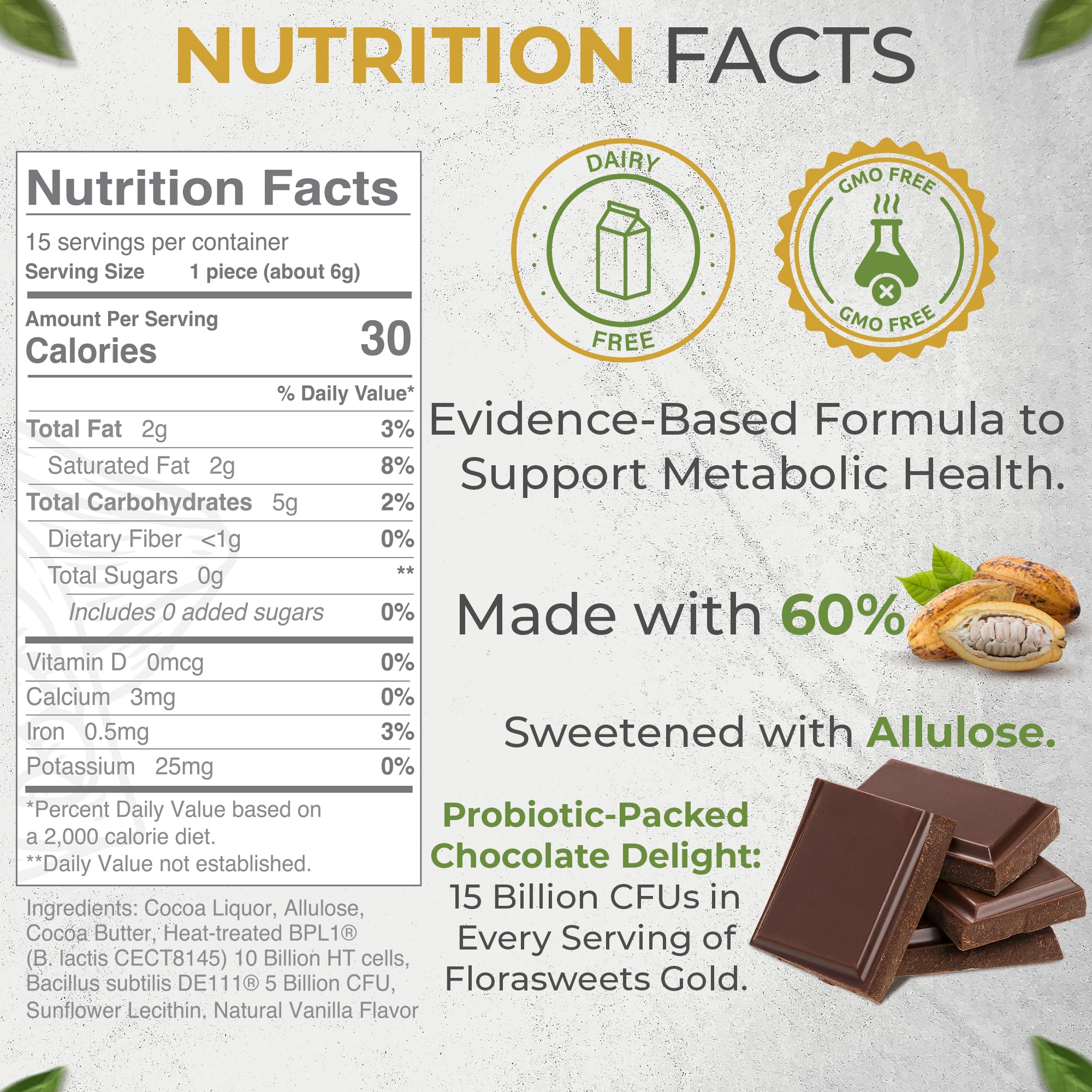 Revival Point Florasweets Gold Chocolate Bites with Probiotic + Postbiotic Stains DE111 & BPL1 - Indivally Wrapped - Supports Digestive & Gut Health Bacillus subtilis (1) - OzHealthStandard