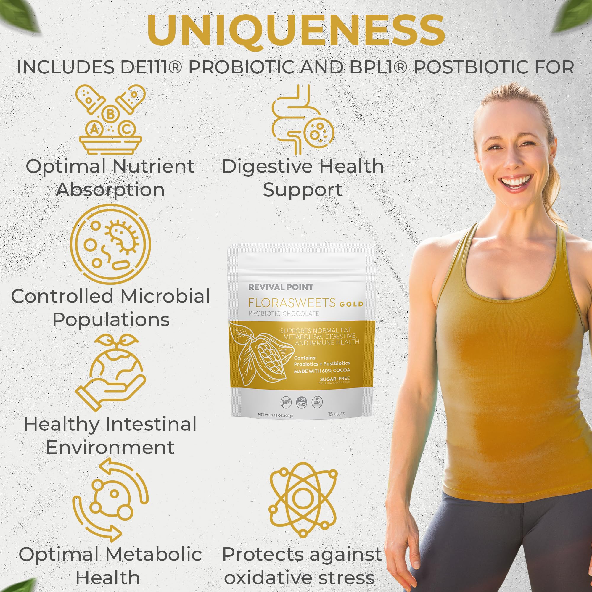 Revival Point Florasweets Gold Chocolate Bites with Probiotic + Postbiotic Stains DE111 & BPL1 - Indivally Wrapped - Supports Digestive & Gut Health Bacillus subtilis (1) - OzHealthStandard