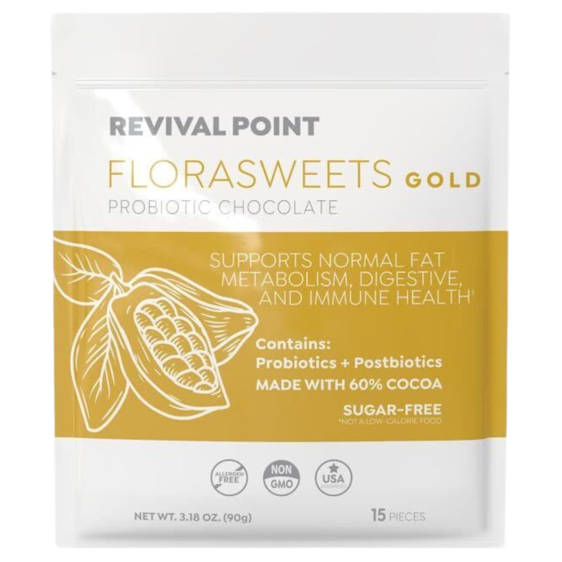 Revival Point Florasweets Gold Chocolate Bites with Probiotic + Postbiotic Stains DE111 & BPL1 - Indivally Wrapped - Supports Digestive & Gut Health Bacillus subtilis (1) - OzHealthStandard