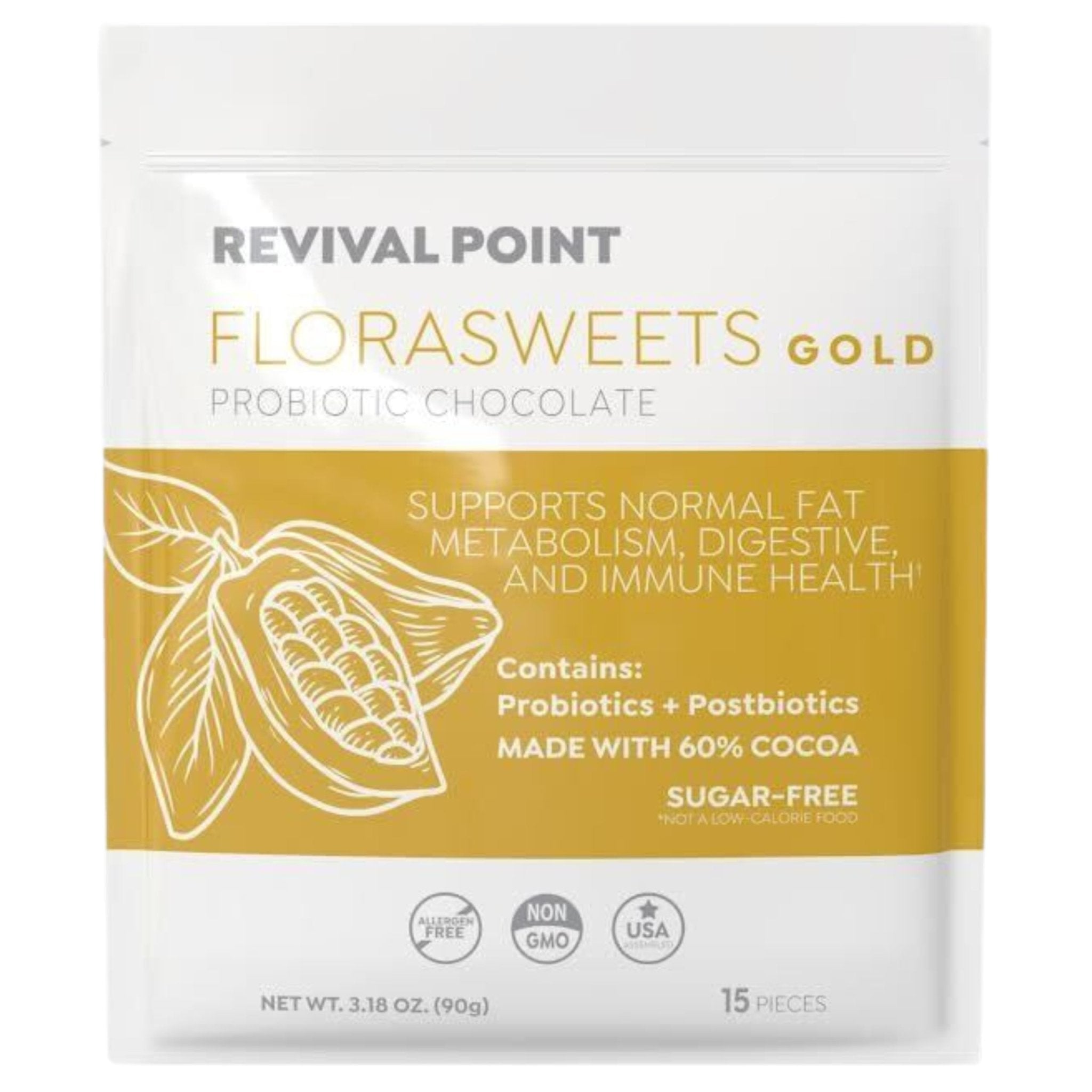 Revival Point Florasweets Gold Chocolate Bites with Probiotic + Postbiotic Stains DE111 & BPL1 - Indivally Wrapped - Supports Digestive & Gut Health Bacillus subtilis (1) - OzHealthStandard