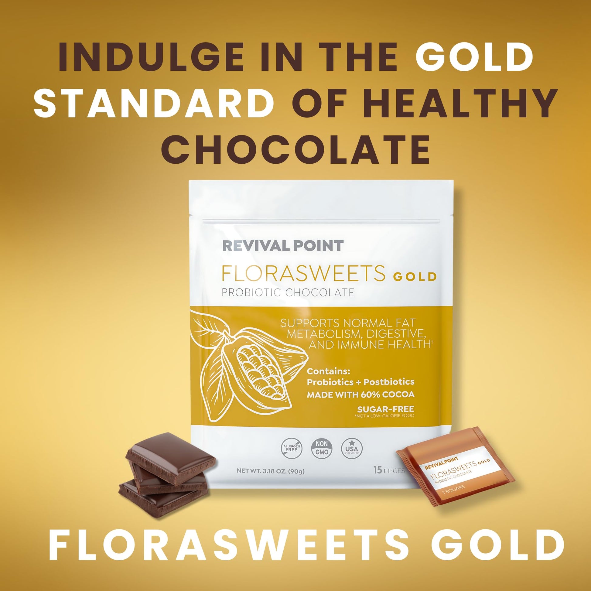 Revival Point Florasweets Gold Chocolate Bites with Probiotic + Postbiotic Stains DE111 & BPL1 - Indivally Wrapped - Supports Digestive & Gut Health Bacillus subtilis (1) - OzHealthStandard