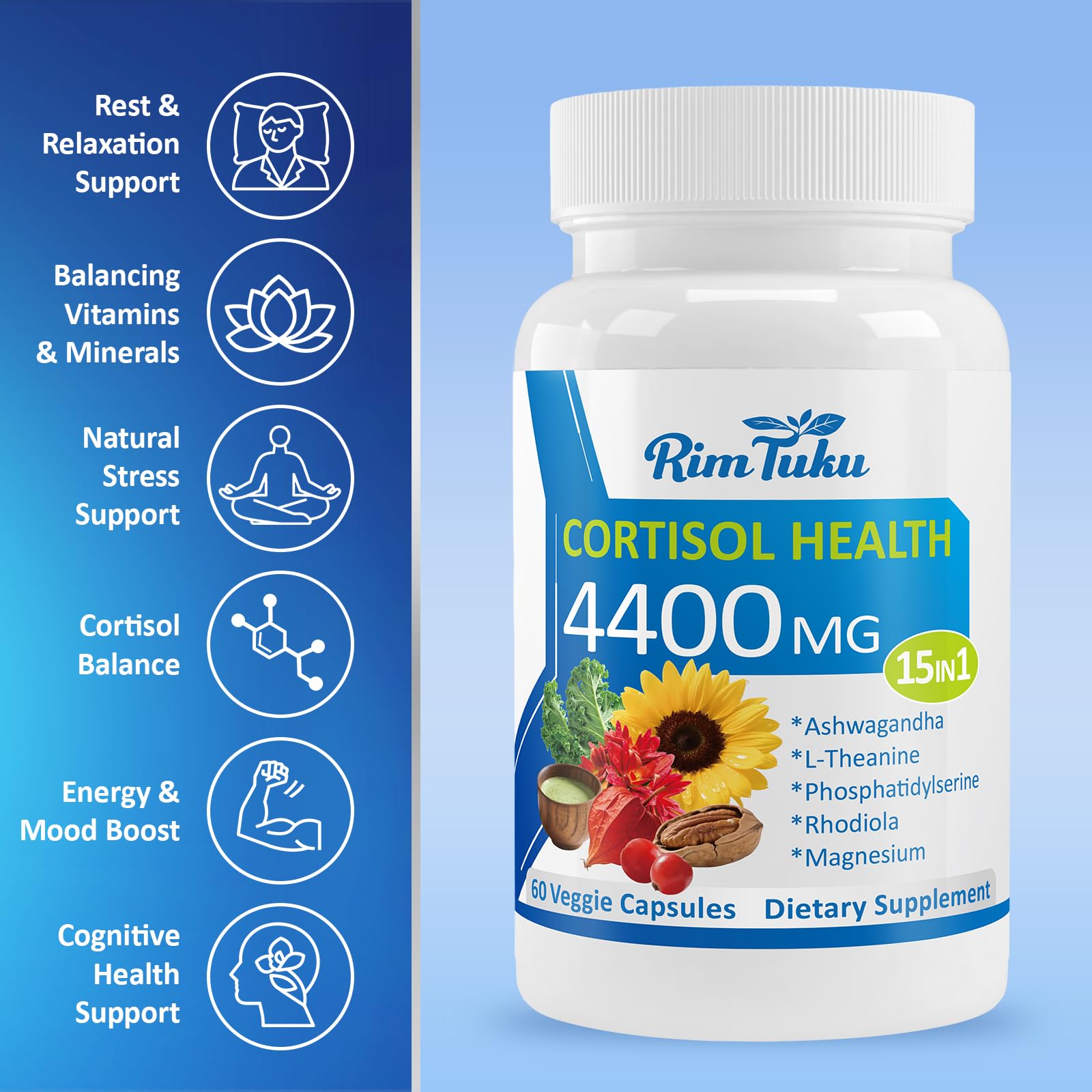 RimTuku Cortisol Supplements for Women & Men -15-in-1 Cortisol Detox for Women, Cortisol Manager & Reducer with Ashwagandha, Rhodiola Rosea Supports Stress Relief, Adrenal Balance, 120 Capsules - OzHealthStandard