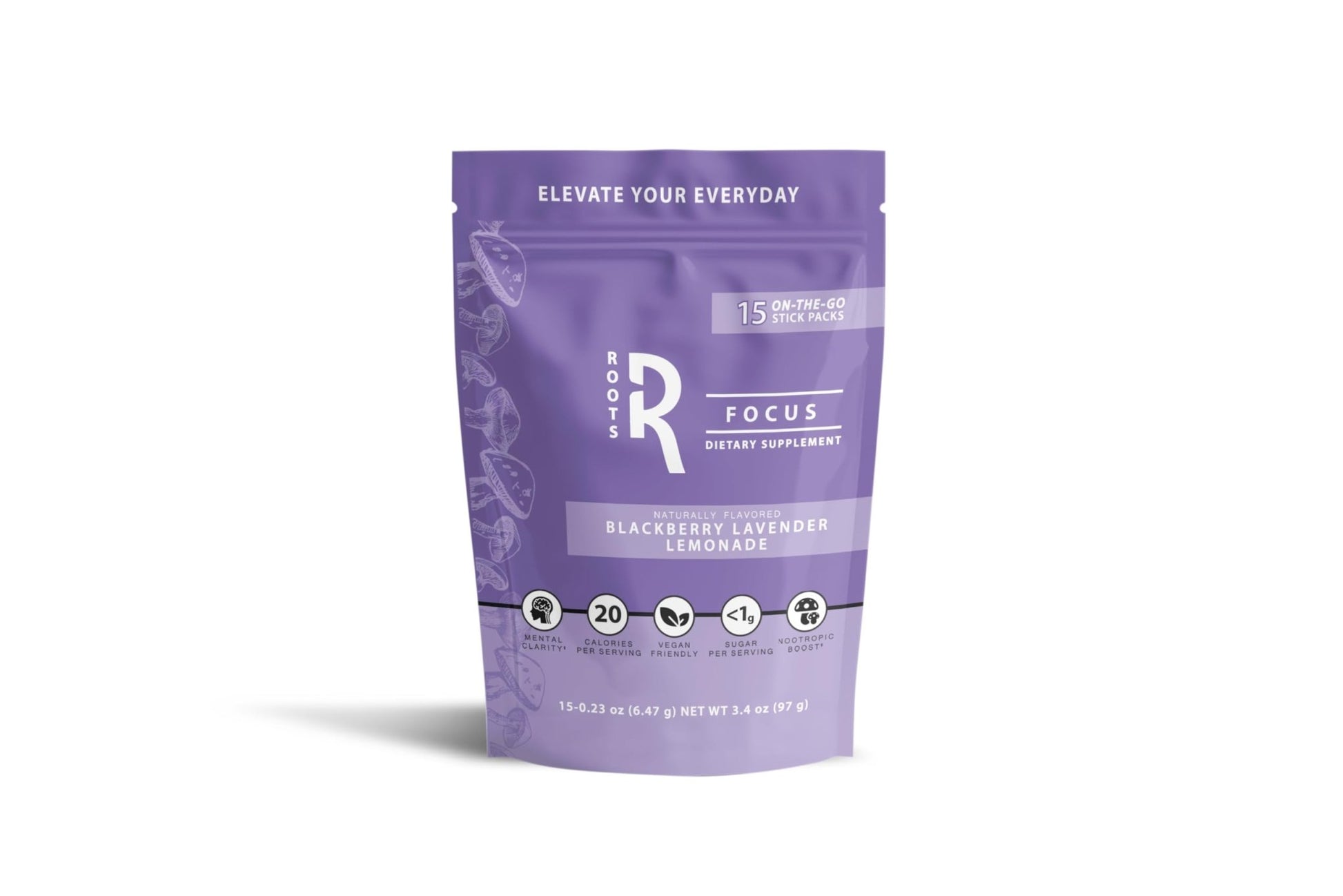 Roots Focus Brain Supplement - Nootropic Mushroom Supplement Powder for Memory, Focus, Energy - Lion's Mane, Cordyceps, and Reishi Mushrooms with Caffeine - Blackberry Lemonade, 15 On the Go Packets - OzHealthStandard