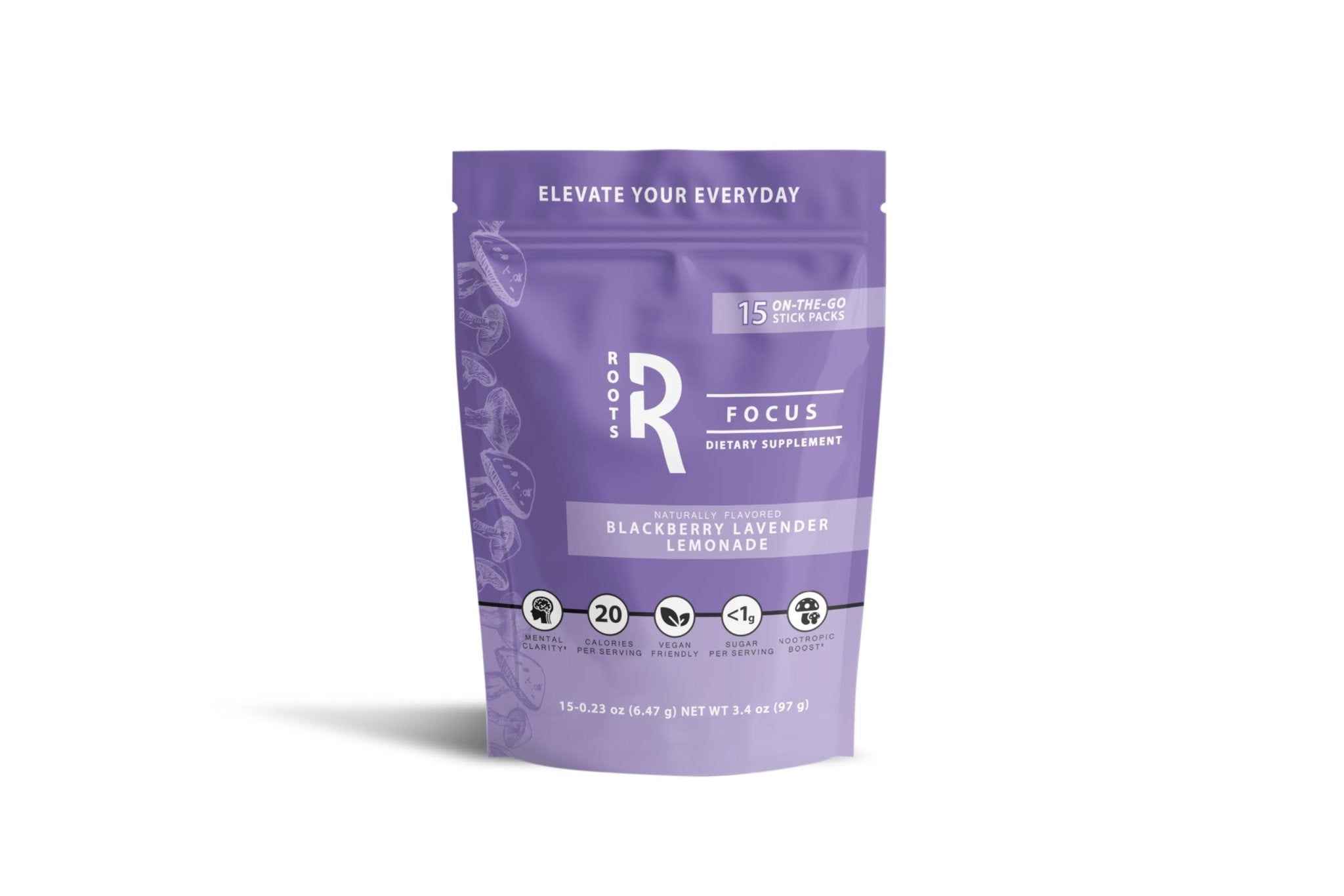 Roots Focus Brain Supplement - Nootropic Mushroom Supplement Powder for Memory, Focus, Energy - Lion's Mane, Cordyceps, and Reishi Mushrooms with Caffeine - Blackberry Lemonade, 15 On the Go Packets - OzHealthStandard