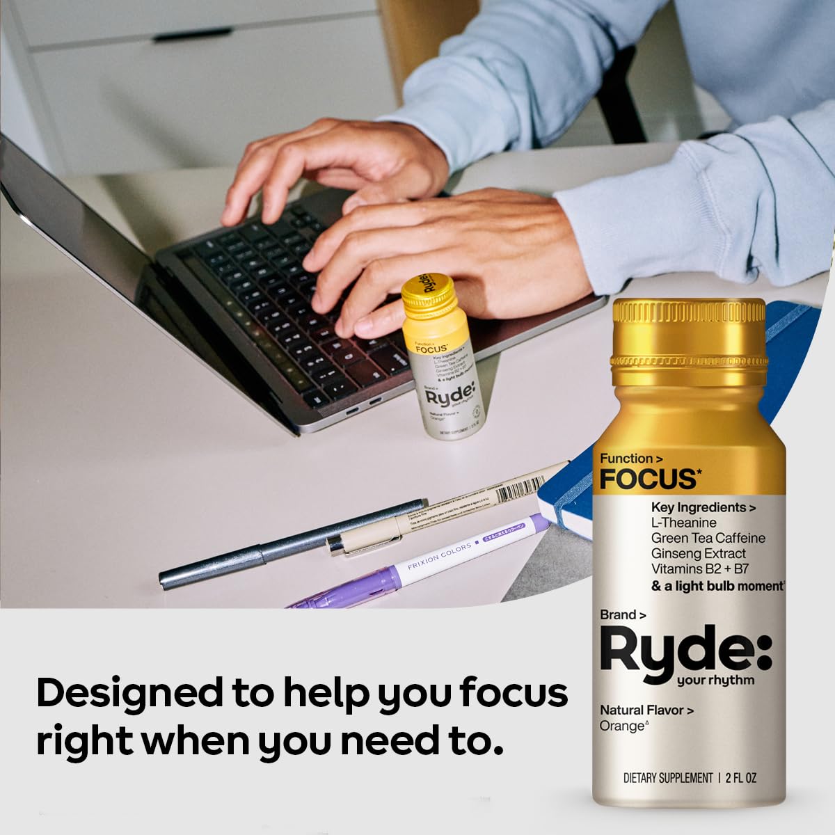 Ryde: Focus Shot | Orange Flavor | L-Theanine & Ginseng | Green Tea Caffeine | Vitamins B2 & B7 | 0 Calories, 0 Sugar | 2 FL OZ Shots | Supports Focus* (8 Pack) - OzHealthStandard