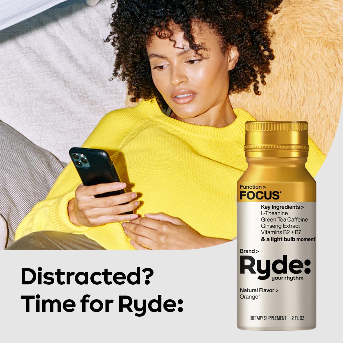 Ryde: Focus Shot | Orange Flavor | L-Theanine & Ginseng | Green Tea Caffeine | Vitamins B2 & B7 | 0 Calories, 0 Sugar | 2 FL OZ Shots | Supports Focus* (8 Pack) - OzHealthStandard