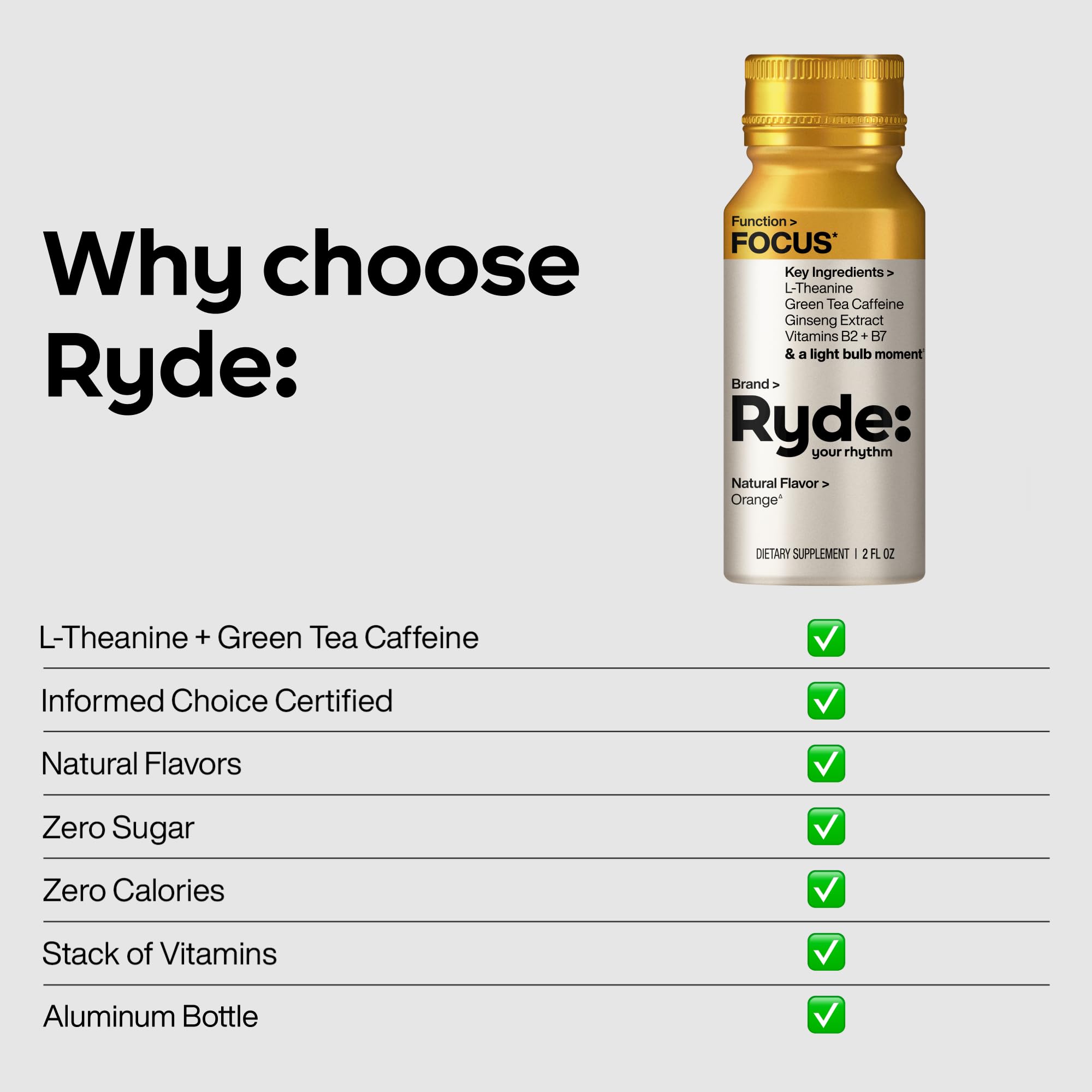 Ryde: Focus Shot | Orange Flavor | L-Theanine & Ginseng | Green Tea Caffeine | Vitamins B2 & B7 | 0 Calories, 0 Sugar | 2 FL OZ Shots | Supports Focus* (8 Pack) - OzHealthStandard