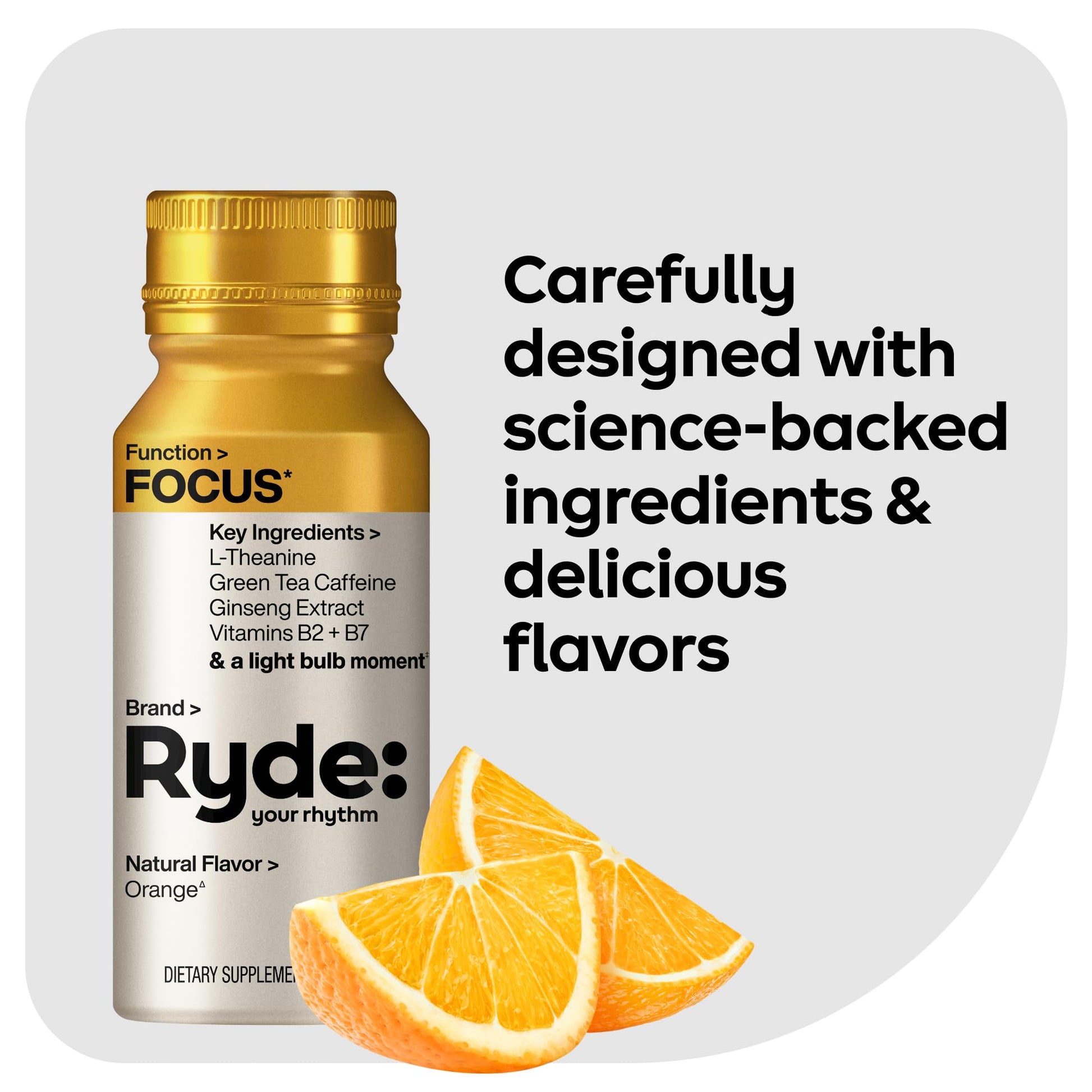 Ryde: Focus Shot | Orange Flavor | L-Theanine & Ginseng | Green Tea Caffeine | Vitamins B2 & B7 | 0 Calories, 0 Sugar | 2 FL OZ Shots | Supports Focus* (8 Pack) - OzHealthStandard