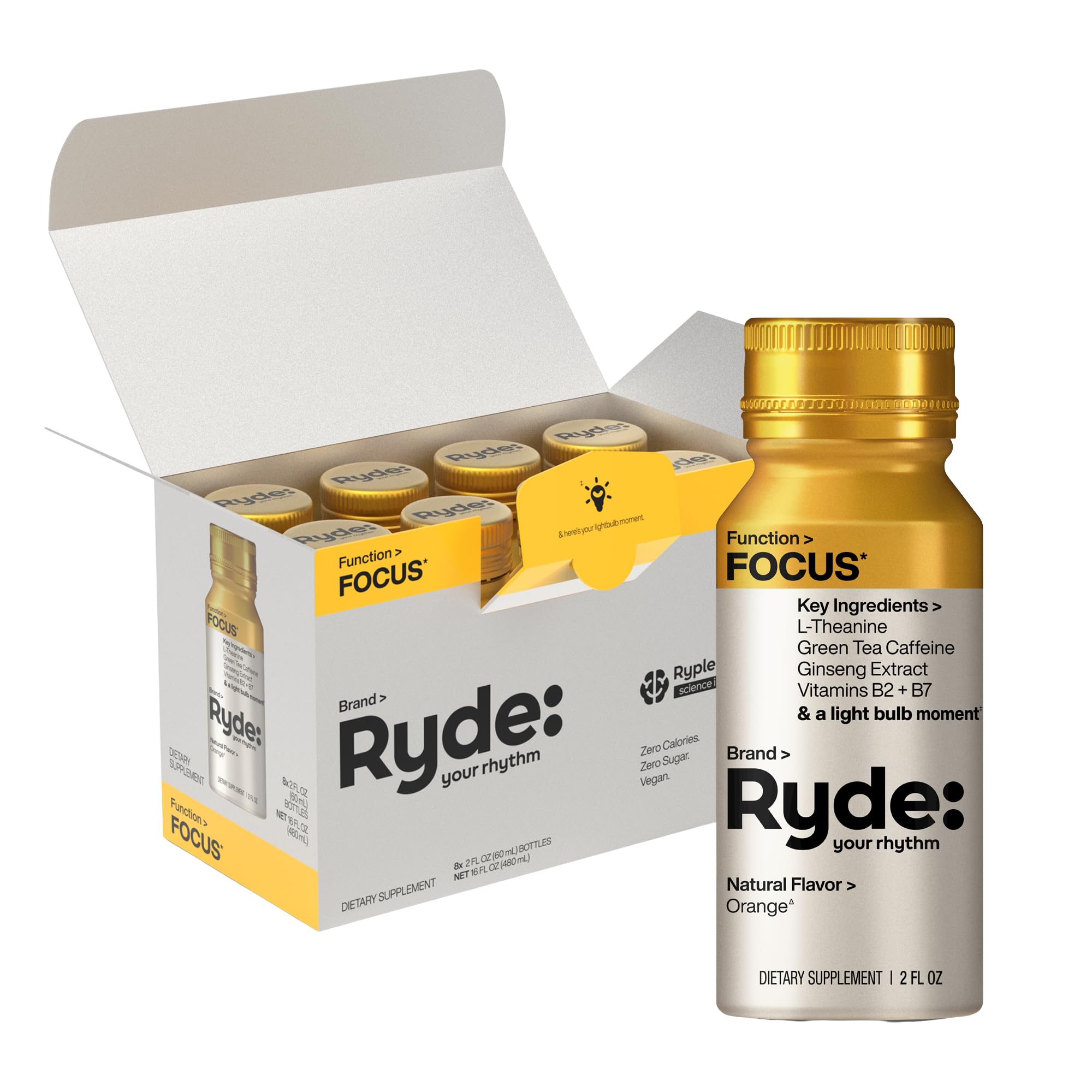 Ryde: Focus Shot | Orange Flavor | L-Theanine & Ginseng | Green Tea Caffeine | Vitamins B2 & B7 | 0 Calories, 0 Sugar | 2 FL OZ Shots | Supports Focus* (8 Pack) - OzHealthStandard