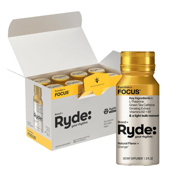 Ryde: Focus Shot | Orange Flavor | L-Theanine & Ginseng | Green Tea Caffeine | Vitamins B2 & B7 | 0 Calories, 0 Sugar | 2 FL OZ Shots | Supports Focus* (8 Pack) - OzHealthStandard