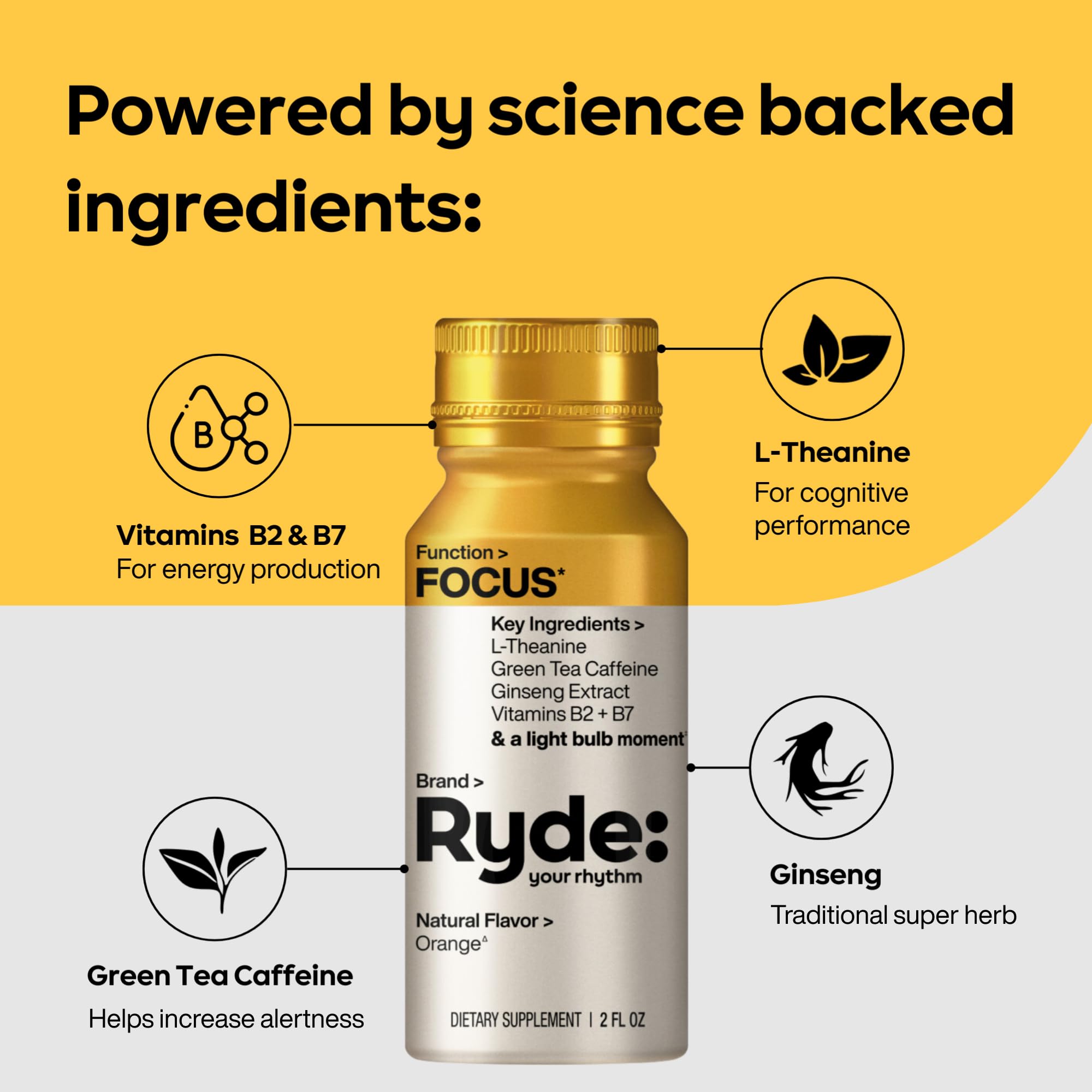 Ryde: Focus Shot | Orange Flavor | L-Theanine & Ginseng | Green Tea Caffeine | Vitamins B2 & B7 | 0 Calories, 0 Sugar | 2 FL OZ Shots | Supports Focus* (8 Pack) - OzHealthStandard