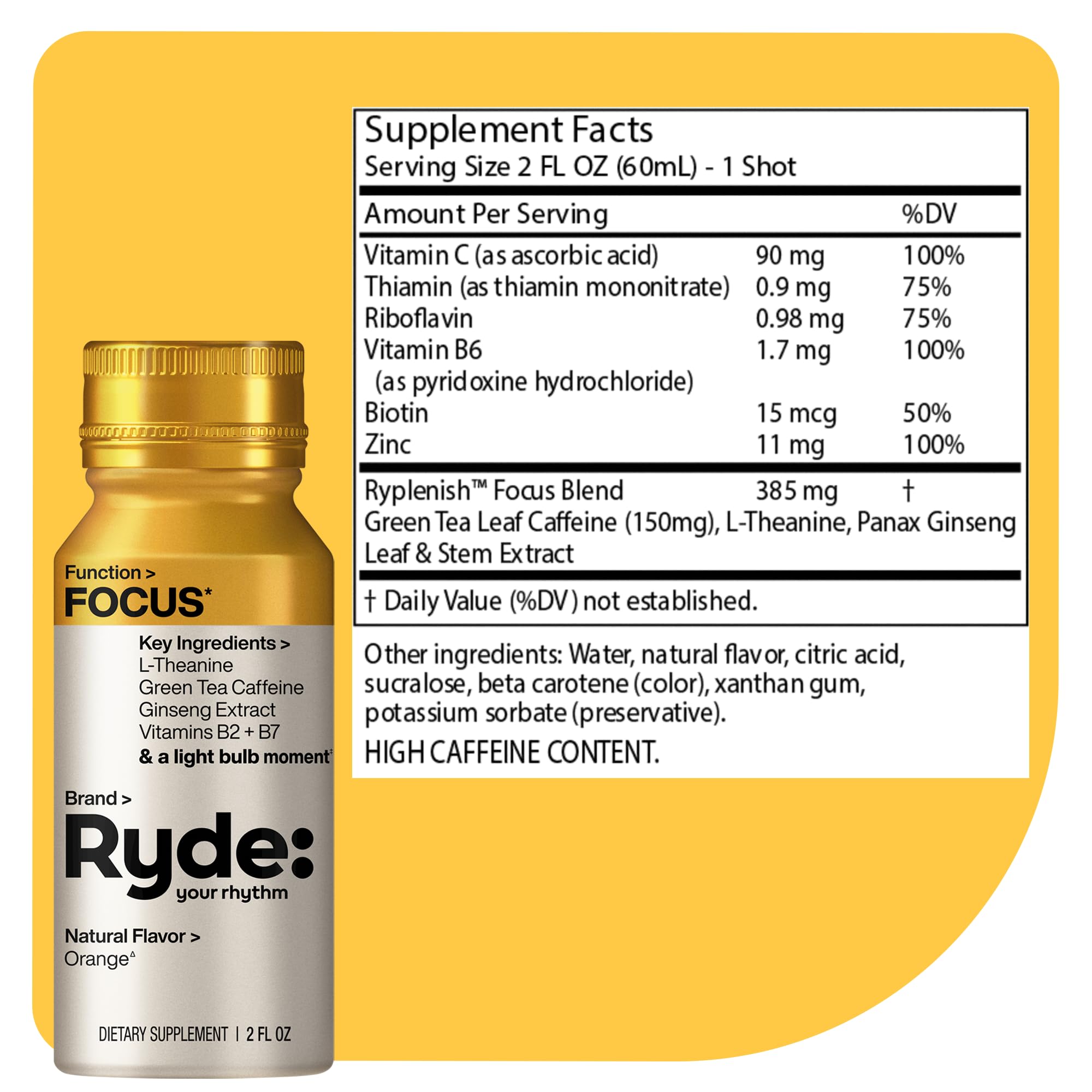 Ryde: Focus Shot | Orange Flavor | L-Theanine & Ginseng | Green Tea Caffeine | Vitamins B2 & B7 | 0 Calories, 0 Sugar | 2 FL OZ Shots | Supports Focus* (8 Pack) - OzHealthStandard