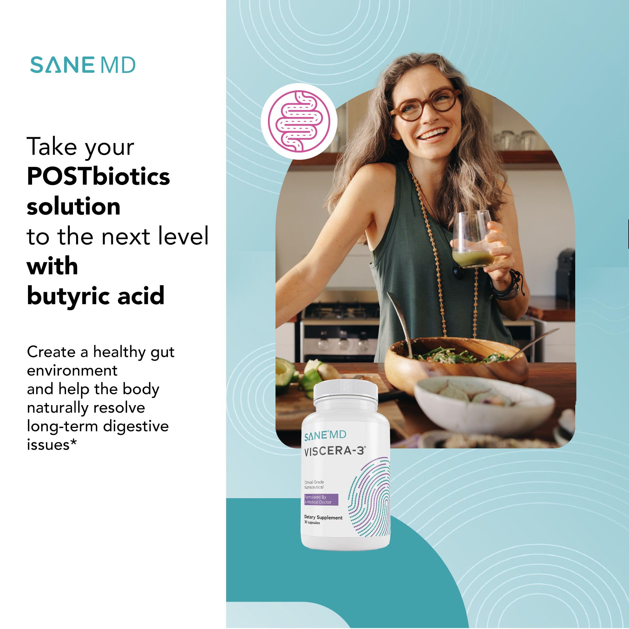 SANE MD - Viscera 3 Postbiotics with Tributyrin - Sodium Butyrate Supplement for Gas and Bloating Relief - Gut Health - IBS & Leaky Gut Butyric Acid Supplement - NSF Certified - 30 Capsules - OzHealthStandard