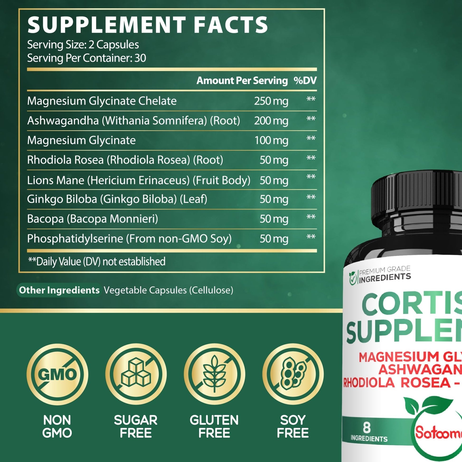 Satoomi 8in1 Cortisol Manager with Magnesium Glycinate, Ashwagandha, Rhodiola Rosea, Lions Mane & More - Cortisol Reducer Supplement Men & Women - 60 Capsules - OzHealthStandard