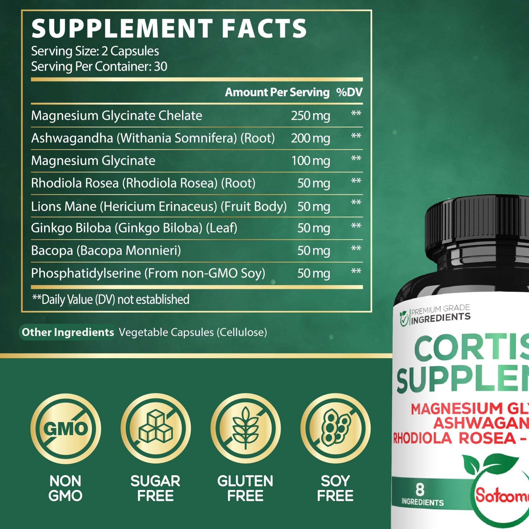 Satoomi 8in1 Cortisol Manager with Magnesium Glycinate, Ashwagandha, Rhodiola Rosea, Lions Mane & More - Cortisol Reducer Supplement Men & Women - 60 Capsules - OzHealthStandard