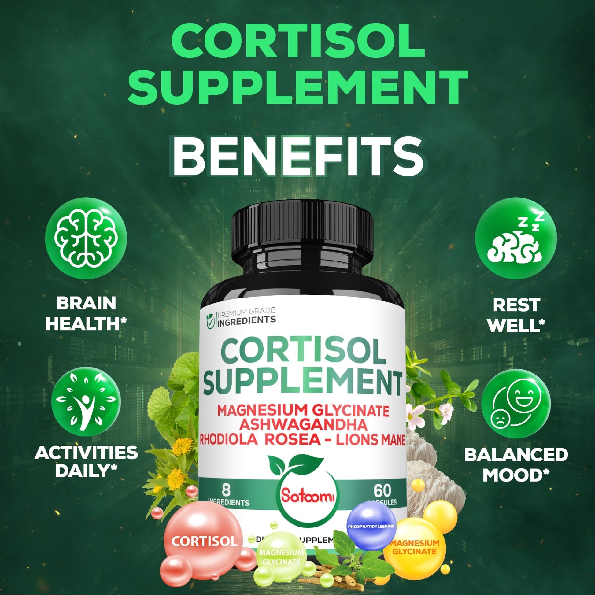 Satoomi 8in1 Cortisol Manager with Magnesium Glycinate, Ashwagandha, Rhodiola Rosea, Lions Mane & More - Cortisol Reducer Supplement Men & Women - 60 Capsules - OzHealthStandard