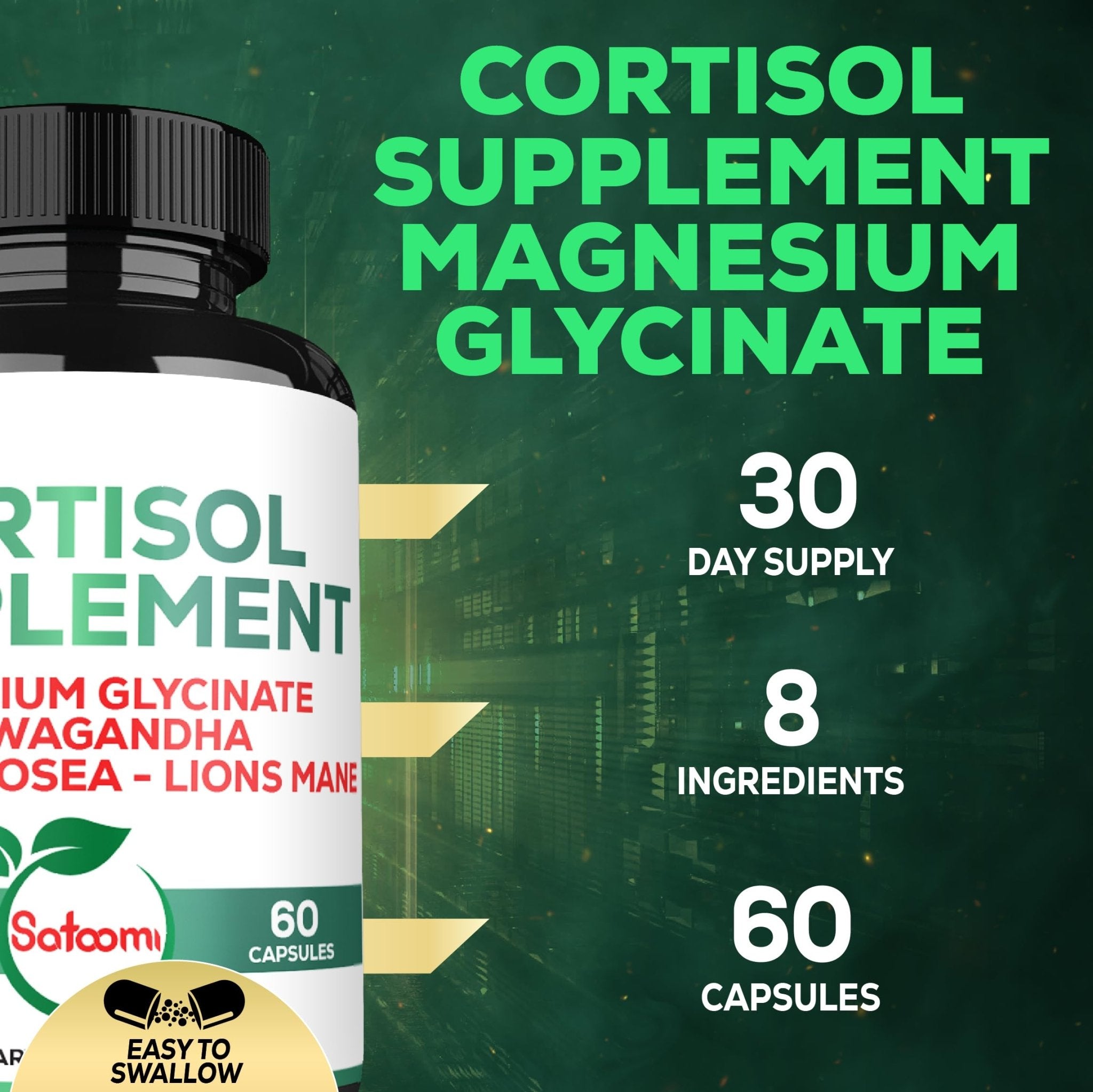 Satoomi 8in1 Cortisol Manager with Magnesium Glycinate, Ashwagandha, Rhodiola Rosea, Lions Mane & More - Cortisol Reducer Supplement Men & Women - 60 Capsules - OzHealthStandard