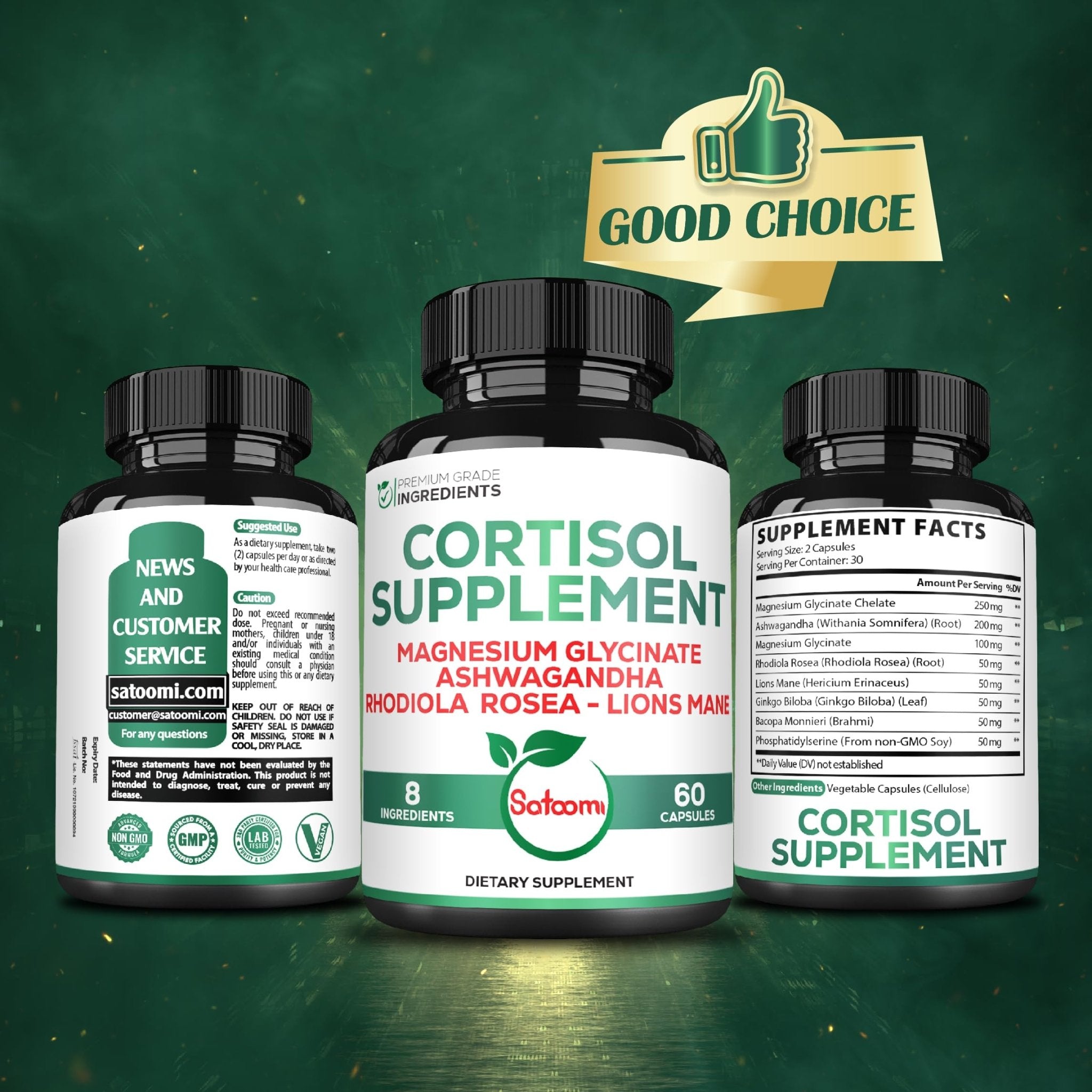 Satoomi 8in1 Cortisol Manager with Magnesium Glycinate, Ashwagandha, Rhodiola Rosea, Lions Mane & More - Cortisol Reducer Supplement Men & Women - 60 Capsules - OzHealthStandard