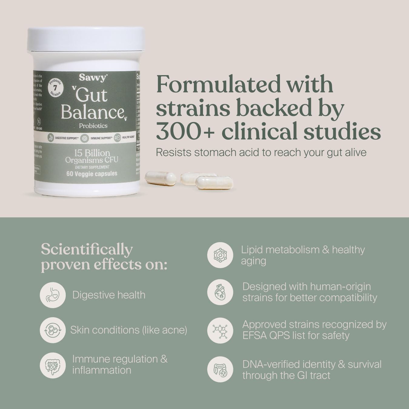 SAVVY Gut Balance Probiotics for Women & Men, 15 Billion CFU, 7 Clinically Studied Strains, Digestive Health, Immune Support, Bloating Relief, 60 Vegan Capsules, Non GMO, Sugar-Free - OzHealthStandard