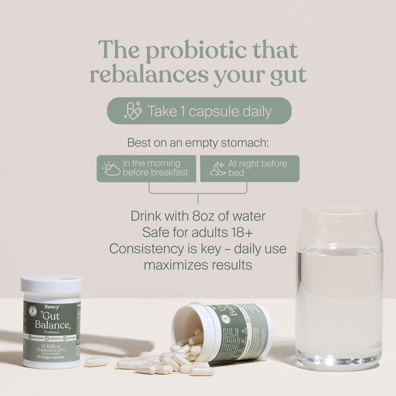 SAVVY Gut Balance Probiotics for Women & Men, 15 Billion CFU, 7 Clinically Studied Strains, Digestive Health, Immune Support, Bloating Relief, 60 Vegan Capsules, Non GMO, Sugar-Free - OzHealthStandard