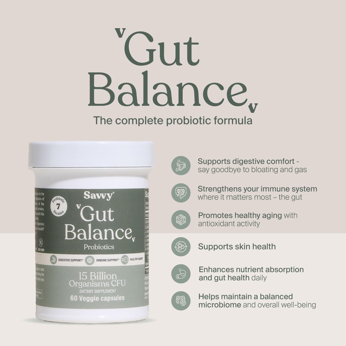 SAVVY Gut Balance Probiotics for Women & Men, 15 Billion CFU, 7 Clinically Studied Strains, Digestive Health, Immune Support, Bloating Relief, 60 Vegan Capsules, Non GMO, Sugar-Free - OzHealthStandard