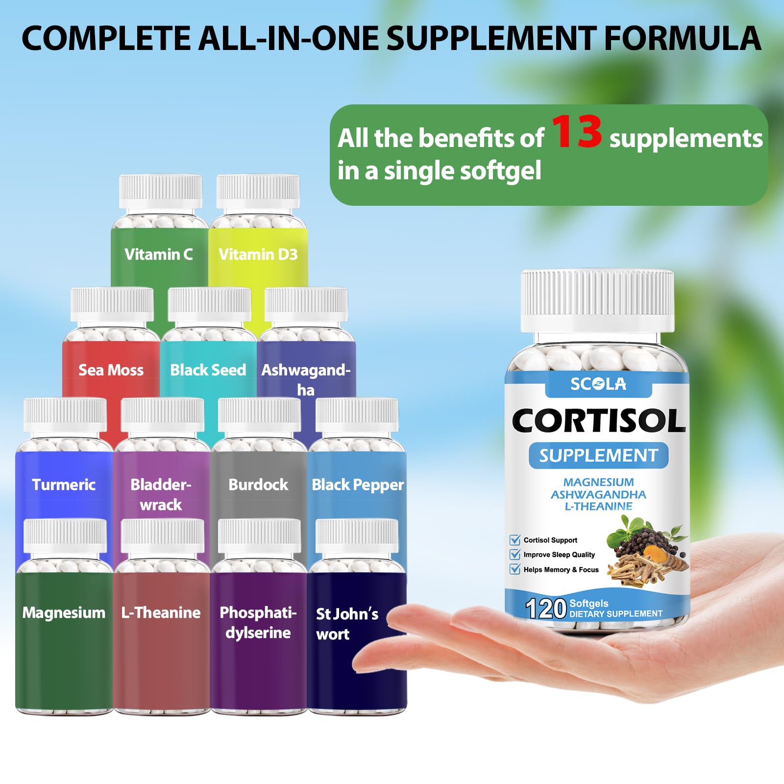 SCOLA Cortisol Supplement for Women and Men with Magnesium, Ashwagandha/L-Theanine, Cortisol Detox Manager, Cortisol Reducer Supports Relaxation & Calm, Mood, Sleep, 120 Count - OzHealthStandard