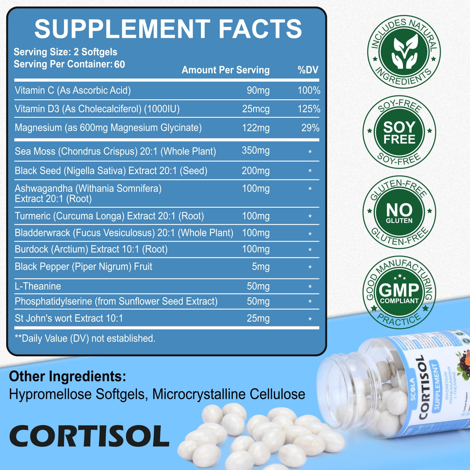 SCOLA Cortisol Supplement for Women and Men with Magnesium, Ashwagandha/L-Theanine, Cortisol Detox Manager, Cortisol Reducer Supports Relaxation & Calm, Mood, Sleep, 120 Count - OzHealthStandard