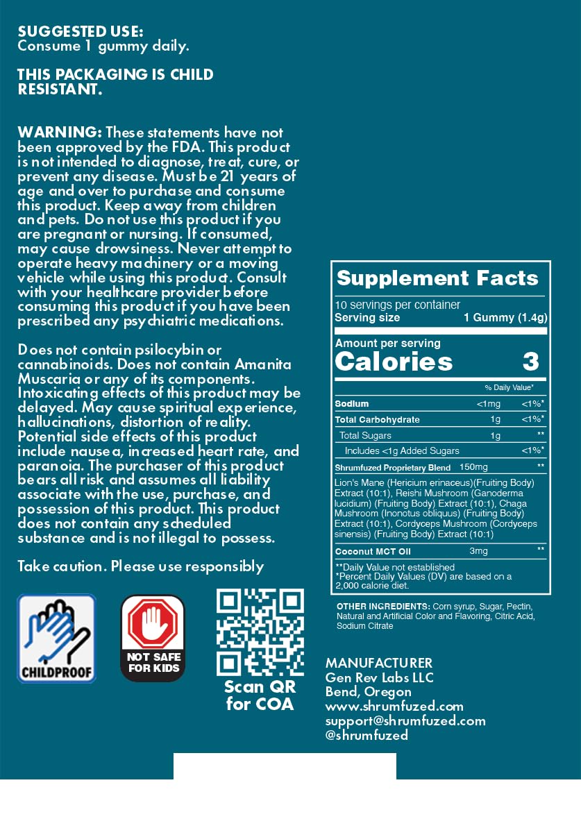 Shrumfuzed Miniz - Proprietary Nootropic Gummy 3200mg - Lion's Mane, Reishi, Chaga, Cordycep, and Proprietary Nootropic Mushroom Blend (10pk, Assorted) - OzHealthStandard