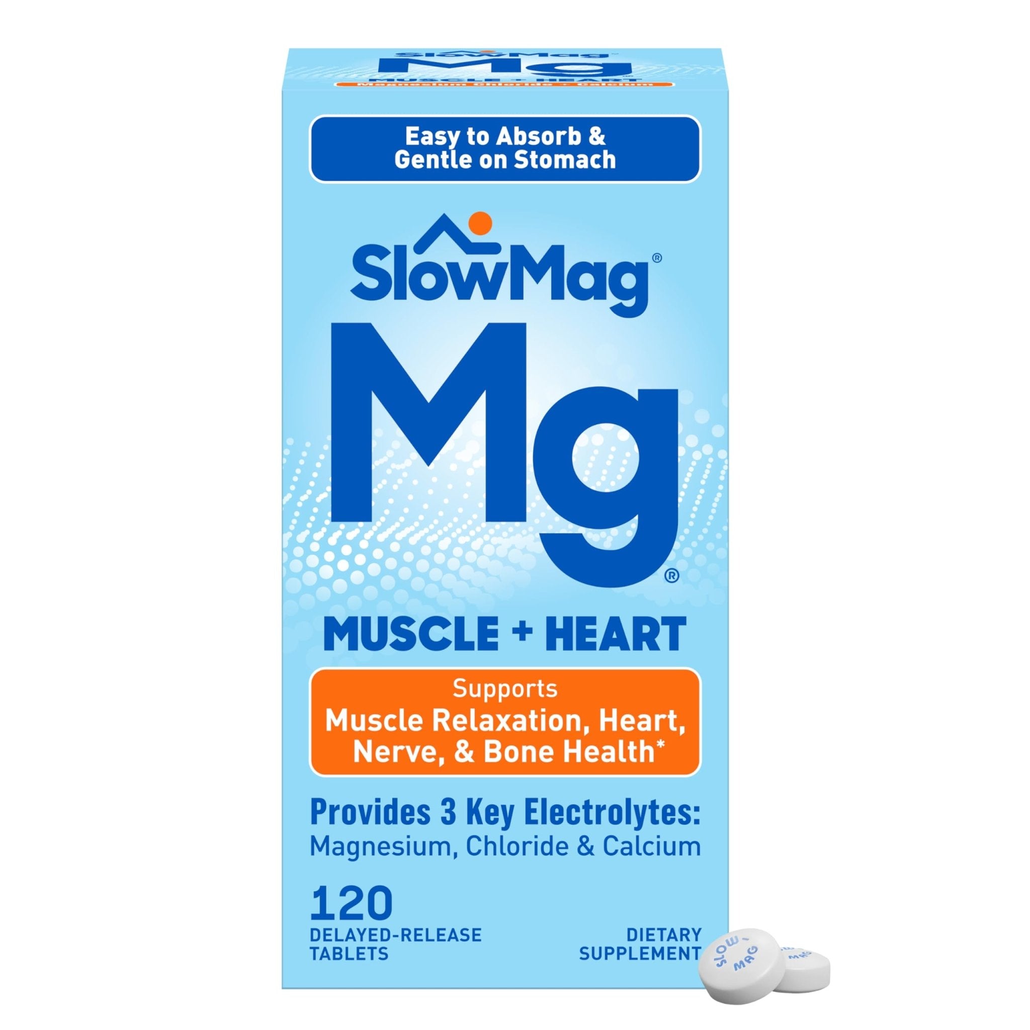 SlowMag Muscle & Heart Magnesium Chloride Supplement with Calcium, 120 Count, Supports Muscle Relaxation, Heart, Nerve & Bone Health, High Absorption - OzHealthStandard