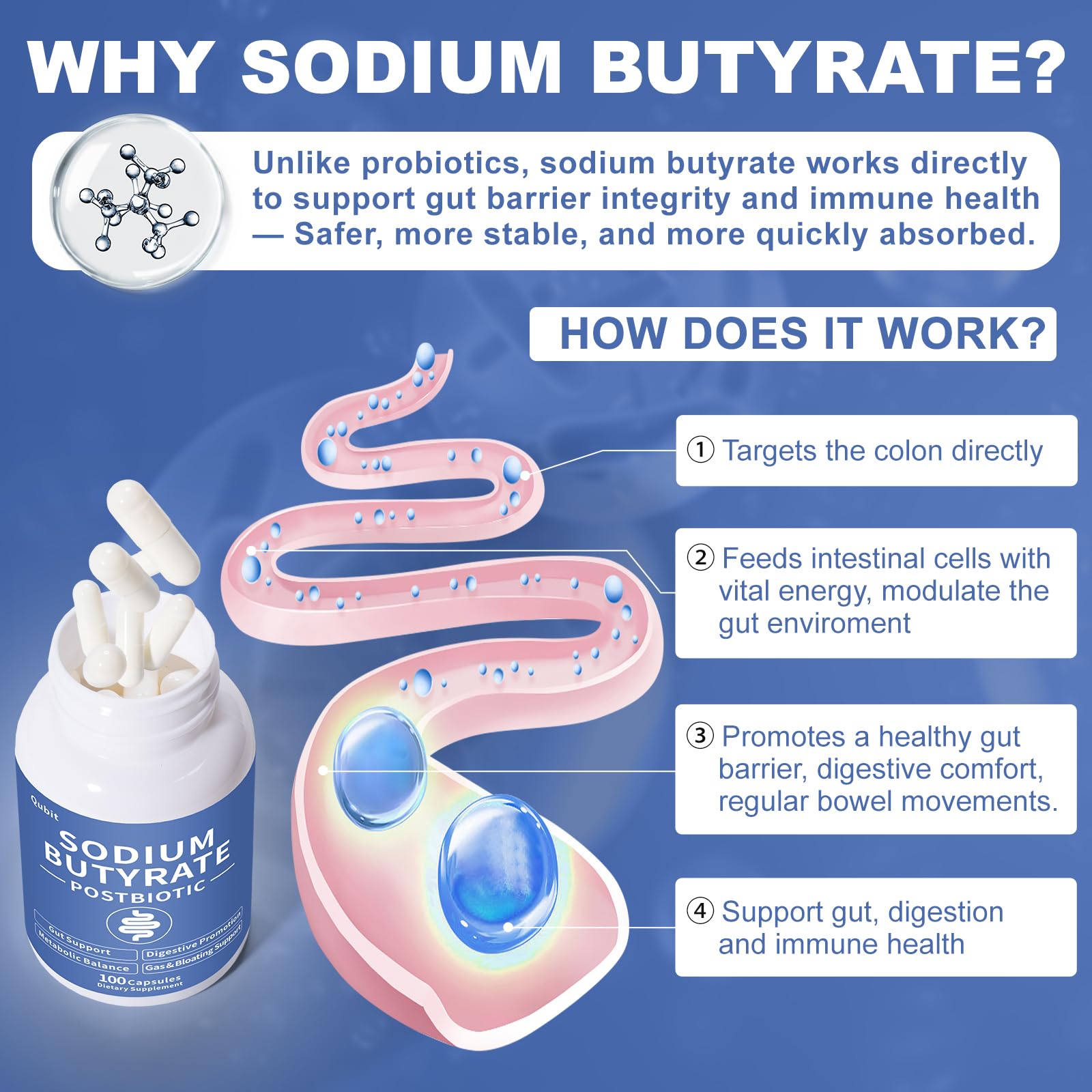 Sodium Butyrate Supplement – Postbiotic for Gut Health, Supports Digestion, IBS, Leaky Gut & Stomach Comfort – Low Odor, Easy to Swallow, No Side Effects – 100 Vegan Capsules - OzHealthStandard