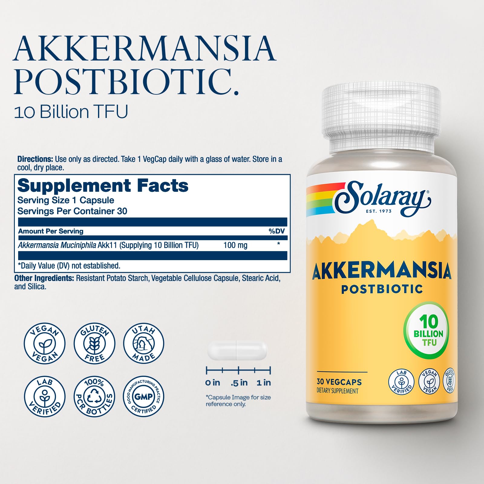 SOLARAY Akkermansia Postbiotic, Akk11, 10 Billion TFU, Beneficial Strain for Gut Health Support, Vegan, Gluten-Free, 60-Day Guarantee, 30 Servings, 30 VegCaps - OzHealthStandard