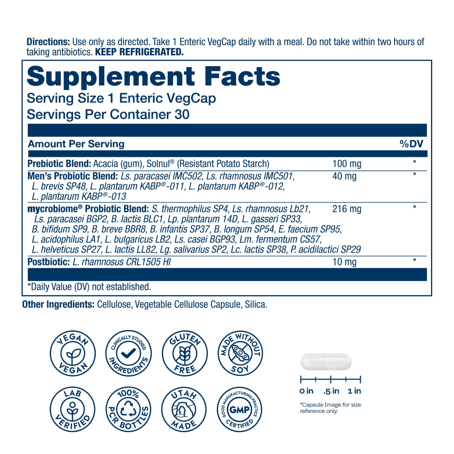 SOLARAY Mycrobiome Complete Probiotic Men's Formula - Pre and Probiotics for Men Plus Postbiotic - Digestive Health and Immune Support - 50 Billion CFU, 26 Strains - Vegan - 30 Servings, 30 VegCaps - OzHealthStandard