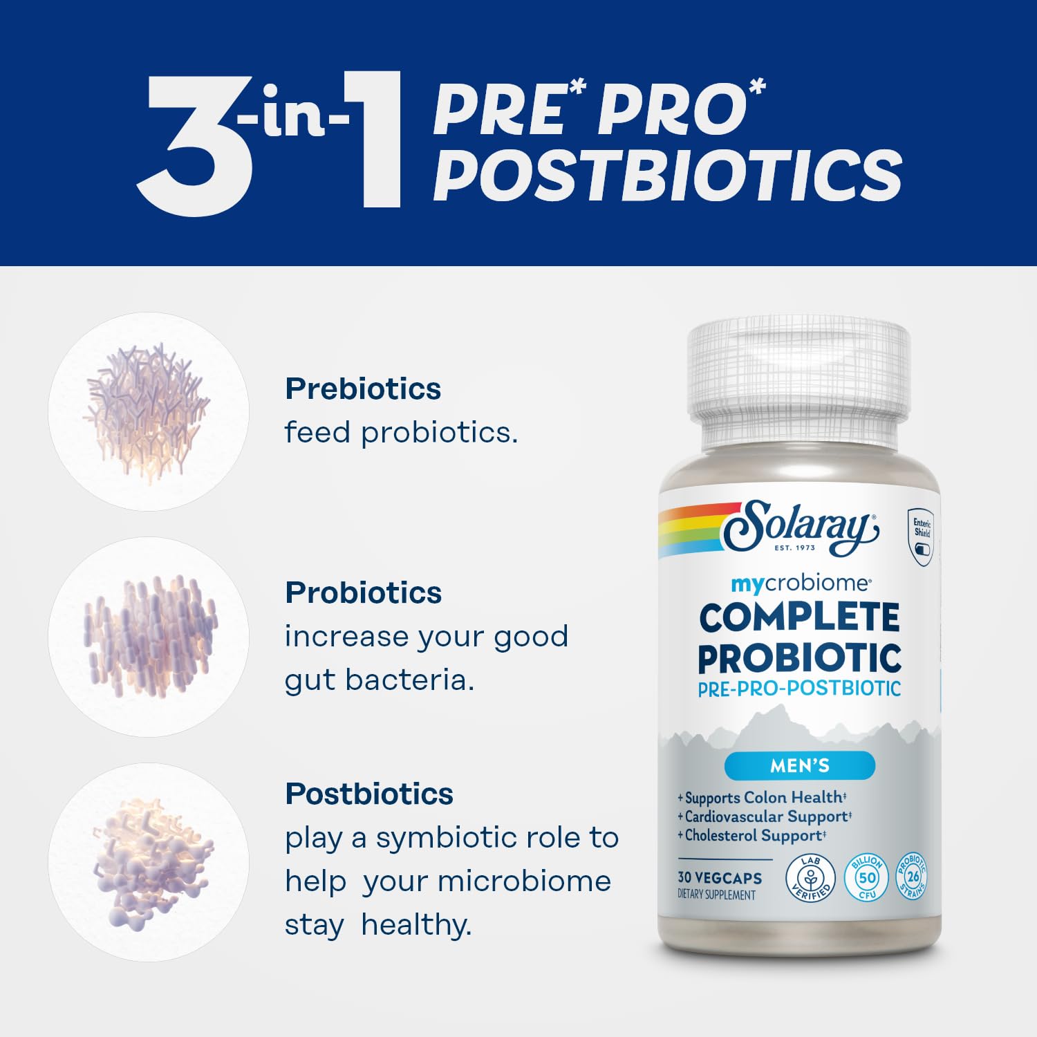 SOLARAY Mycrobiome Complete Probiotic Men's Formula - Pre and Probiotics for Men Plus Postbiotic - Digestive Health and Immune Support - 50 Billion CFU, 26 Strains - Vegan - 30 Servings, 30 VegCaps - OzHealthStandard