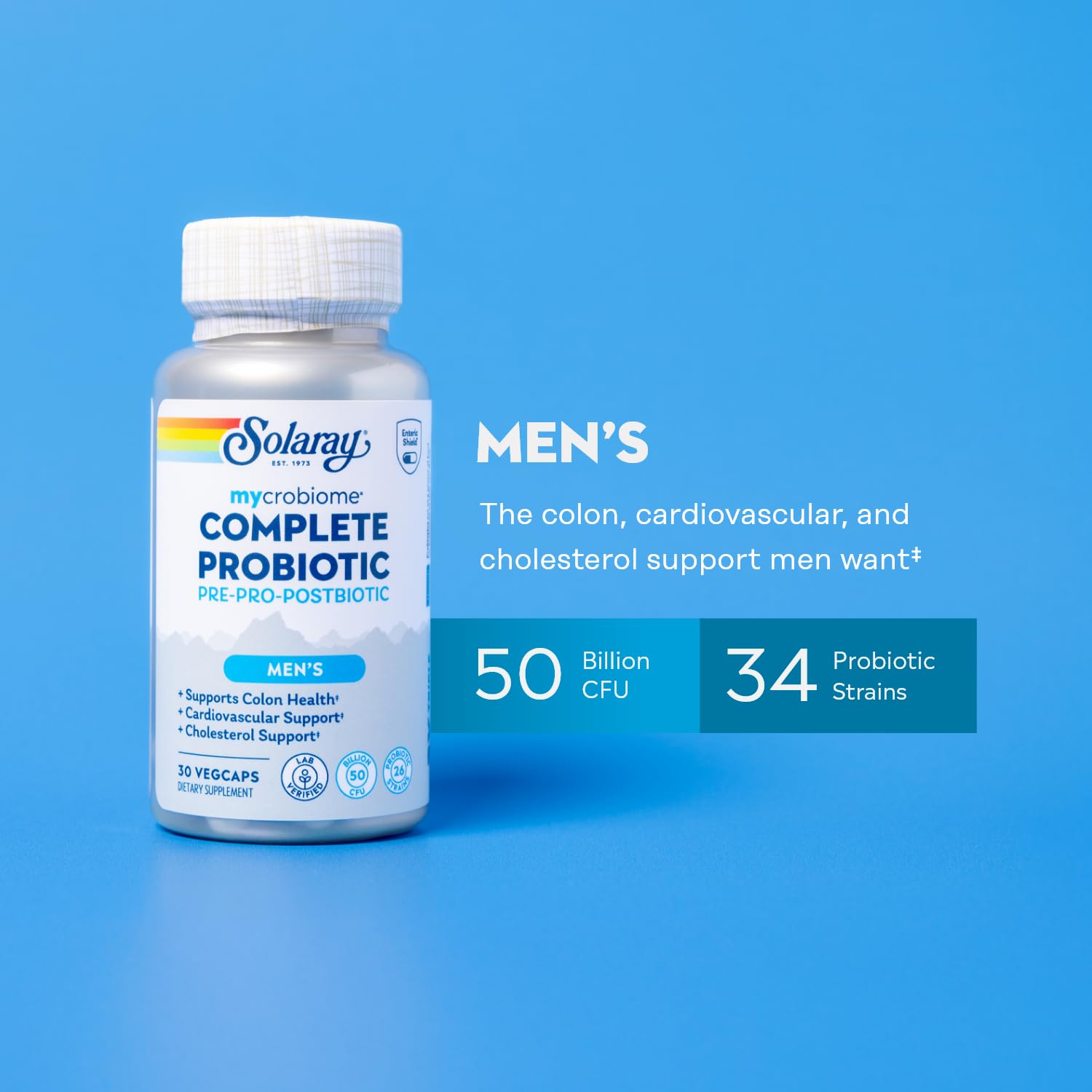 SOLARAY Mycrobiome Complete Probiotic Men's Formula - Pre and Probiotics for Men Plus Postbiotic - Digestive Health and Immune Support - 50 Billion CFU, 26 Strains - Vegan - 30 Servings, 30 VegCaps - OzHealthStandard