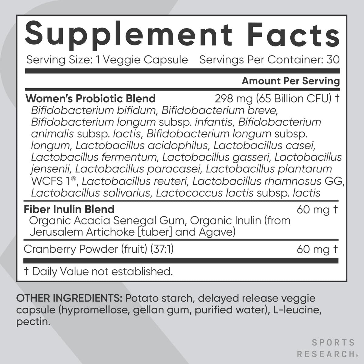 Sports Research Women's Probiotics with Prebiotics, 65 Billion CFU - Vegan Capsules for Gut Health & Digestive Support, Probiotics for Women with Cranberry - Non-GMO Verified & Gluten Free - 30 Count - OzHealthStandard