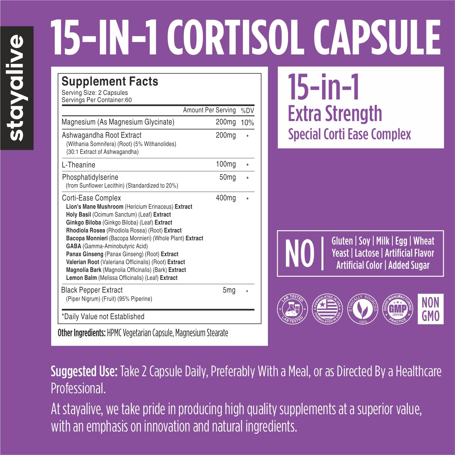 STAY ALIVE Cortisol Manager Supplement 15-in-1 Complex w/L-Theanine, Ashwagandha, Magnesium Glycinate, Phosphatidylserine and More, 120 Veg Capsules, Non-GMO & Gluten-Free Formula for Women and Men - OzHealthStandard