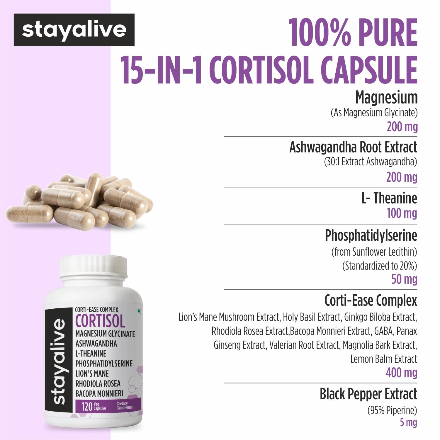 STAY ALIVE Cortisol Manager Supplement 15-in-1 Complex w/L-Theanine, Ashwagandha, Magnesium Glycinate, Phosphatidylserine and More, 120 Veg Capsules, Non-GMO & Gluten-Free Formula for Women and Men - OzHealthStandard