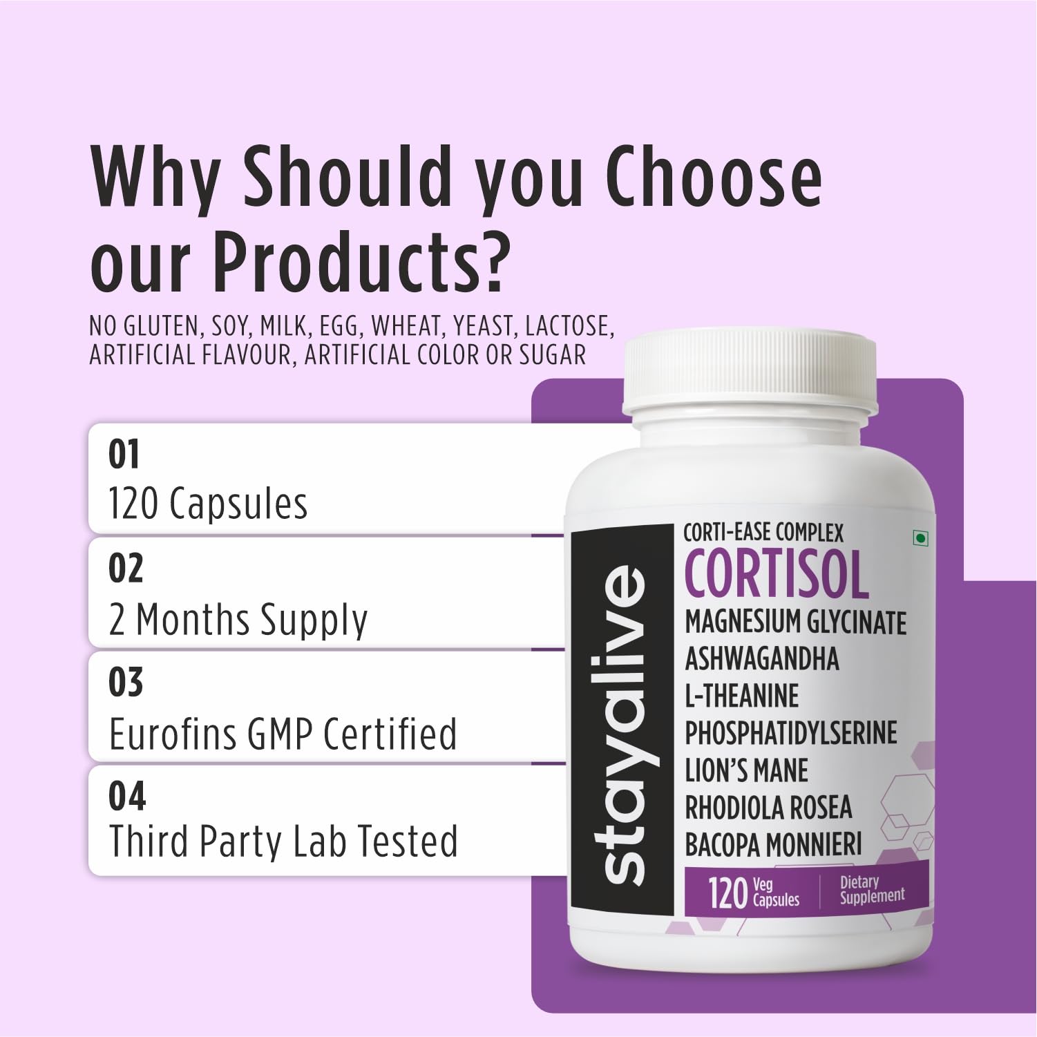 STAY ALIVE Cortisol Manager Supplement 15-in-1 Complex w/L-Theanine, Ashwagandha, Magnesium Glycinate, Phosphatidylserine and More, 120 Veg Capsules, Non-GMO & Gluten-Free Formula for Women and Men - OzHealthStandard