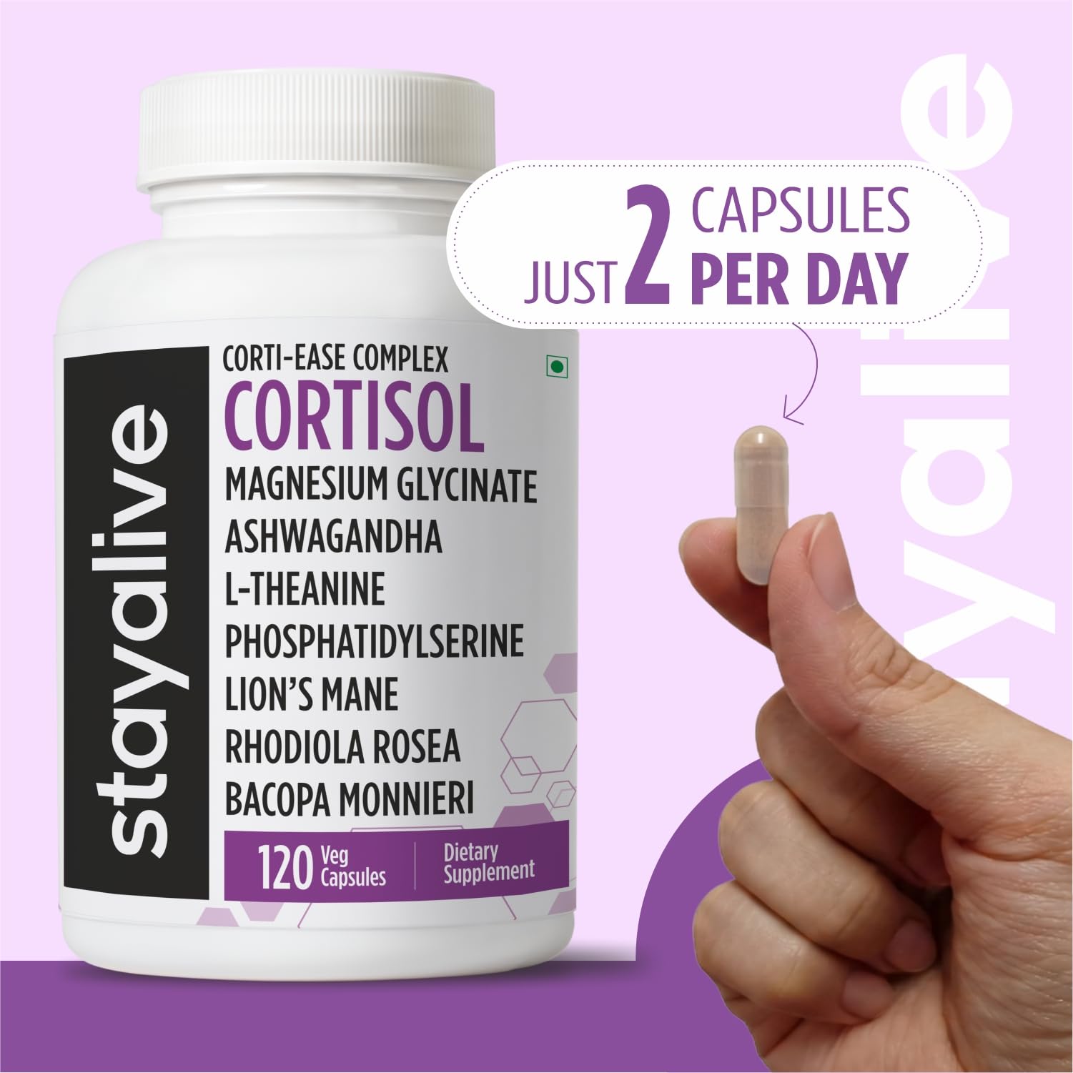 STAY ALIVE Cortisol Manager Supplement 15-in-1 Complex w/L-Theanine, Ashwagandha, Magnesium Glycinate, Phosphatidylserine and More, 120 Veg Capsules, Non-GMO & Gluten-Free Formula for Women and Men - OzHealthStandard