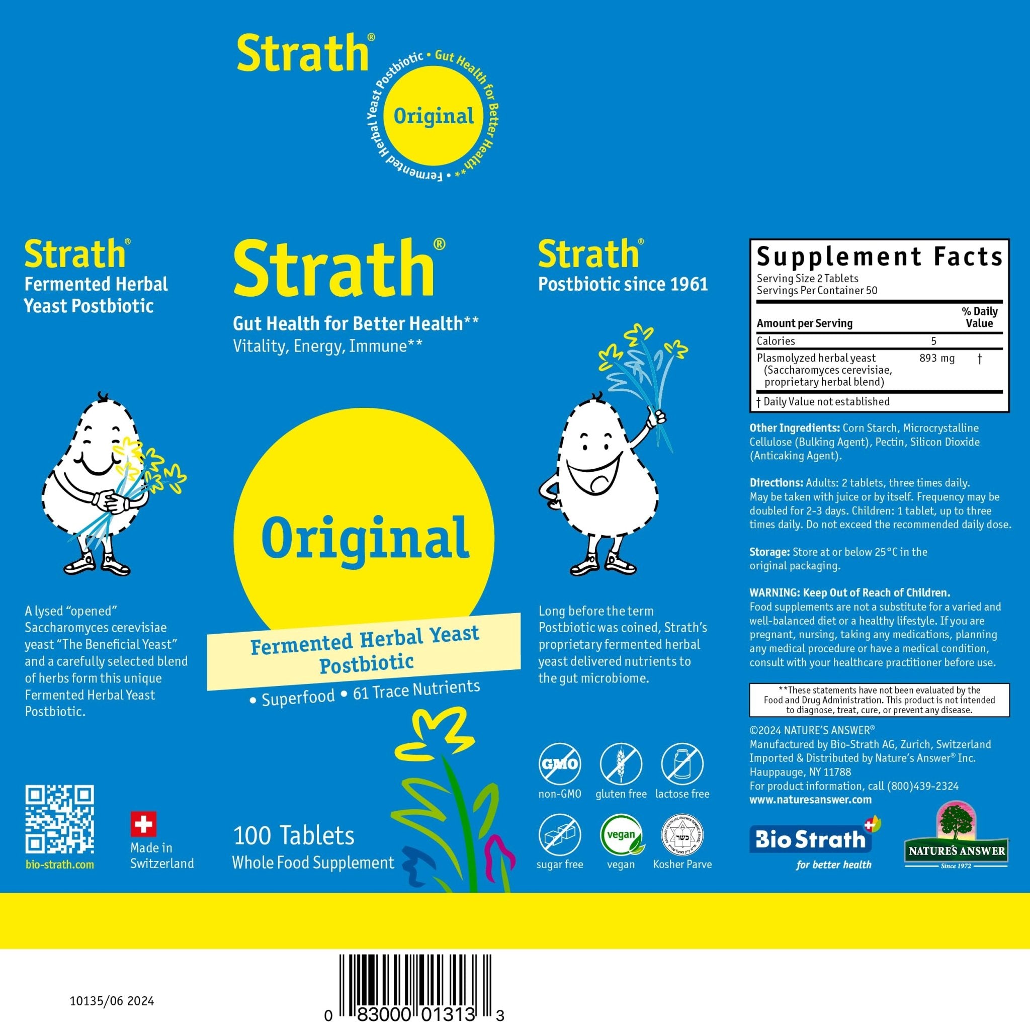 Strath Nutritional Yeast Tablets - Vegetarian, Lactose Free, Artificial Additive Free - Digestive Support, Nutrient Absorption - Unflavored Daily Supplement - Prebiotic and Postbiotic - OzHealthStandard