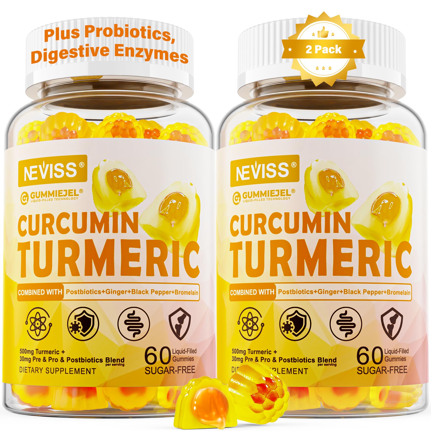Sugar Free Turmeric Curcumin Filled Gummies 550mg for Adults, Ginger & Black Pepper | 95% Curcuminoids w/Prebiotic Probiotic & Postbiotic Blend, Support, Immune & Digestive Health, Vegan, 2Pack - OzHealthStandard