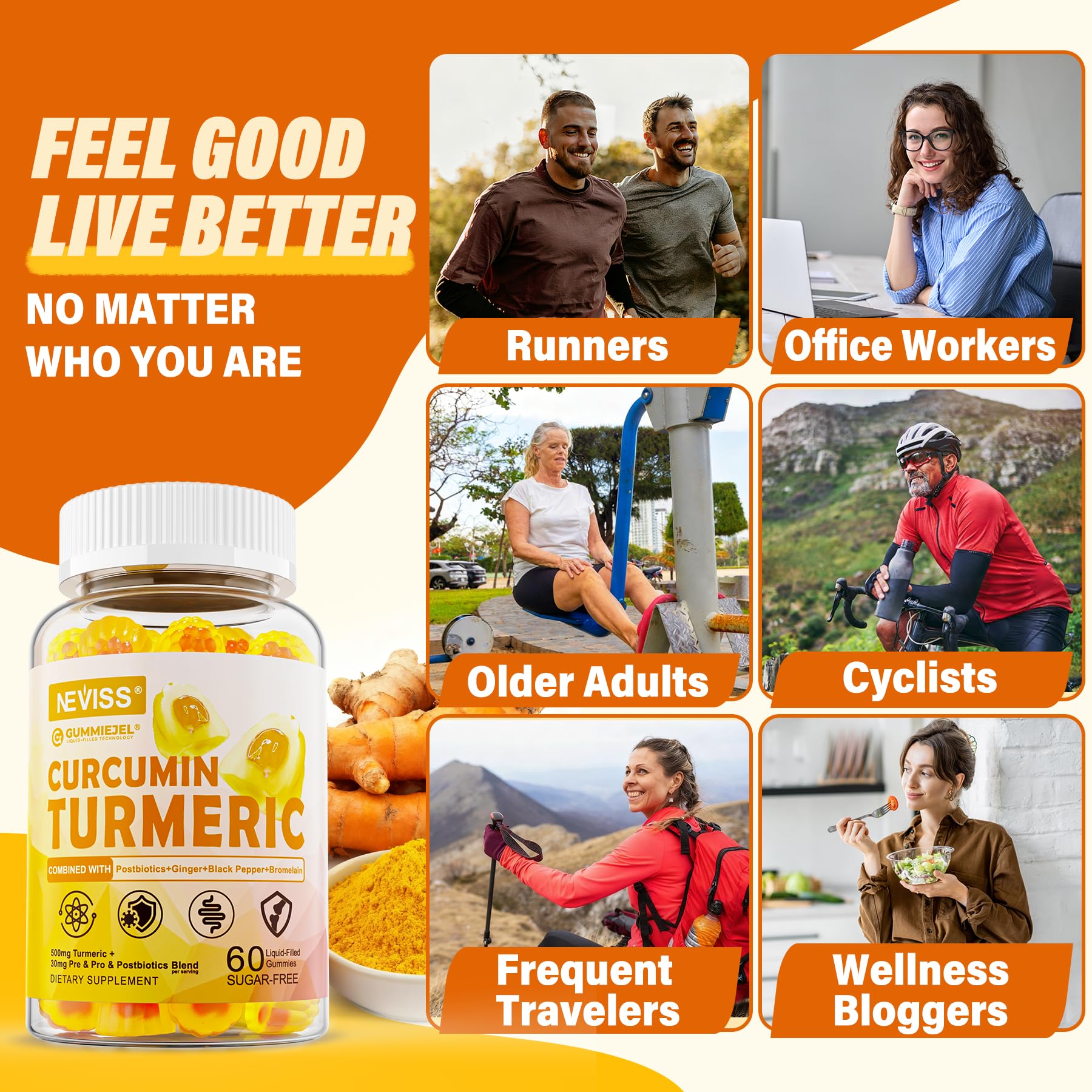 Sugar Free Turmeric Curcumin Filled Gummies 550mg for Adults, Ginger & Black Pepper | 95% Curcuminoids w/Prebiotic Probiotic & Postbiotic Blend, Support, Immune & Digestive Health, Vegan, 2Pack - OzHealthStandard