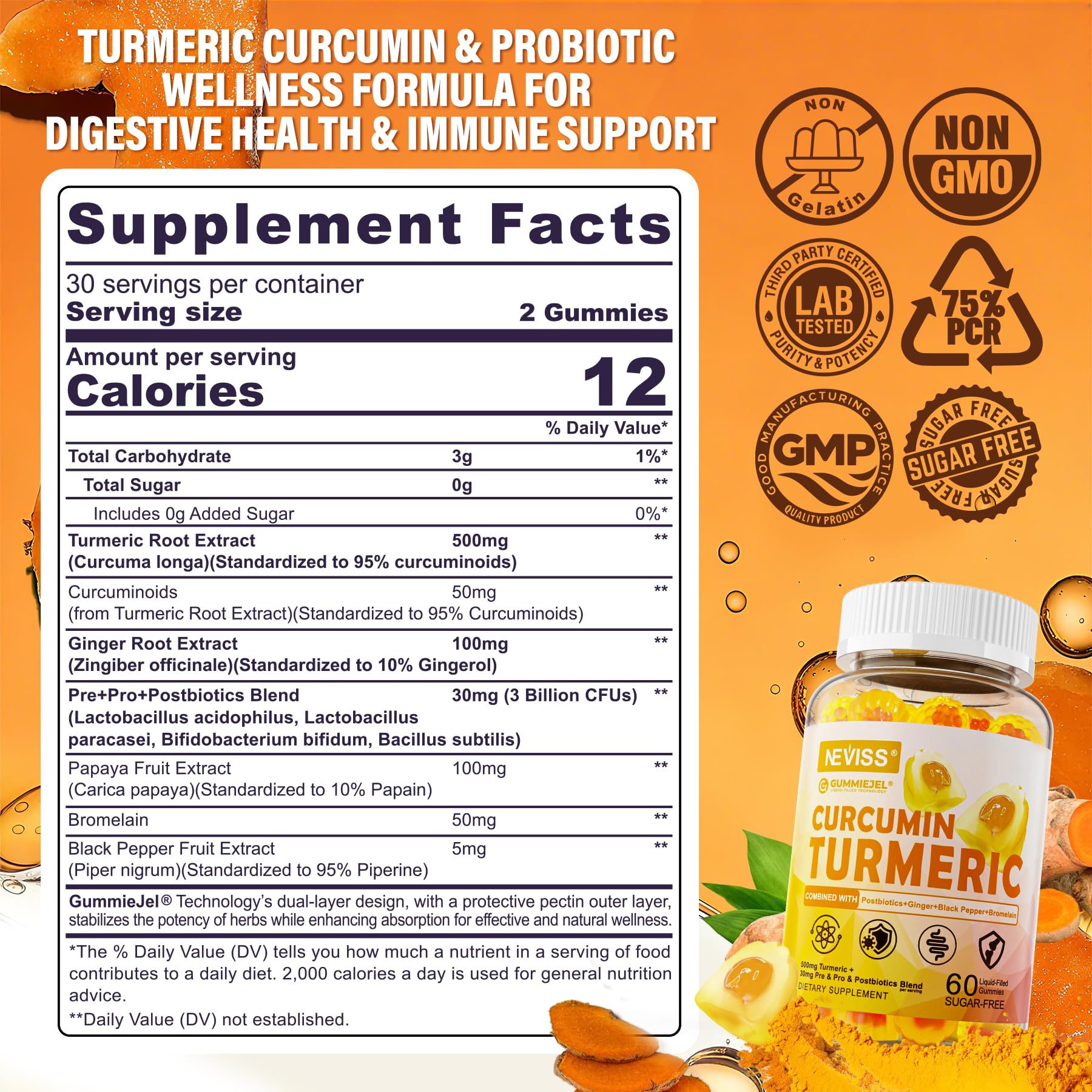 Sugar Free Turmeric Curcumin Filled Gummies 550mg for Adults, Ginger & Black Pepper | 95% Curcuminoids w/Prebiotic Probiotic & Postbiotic Blend, Support, Immune & Digestive Health, Vegan, 2Pack - OzHealthStandard