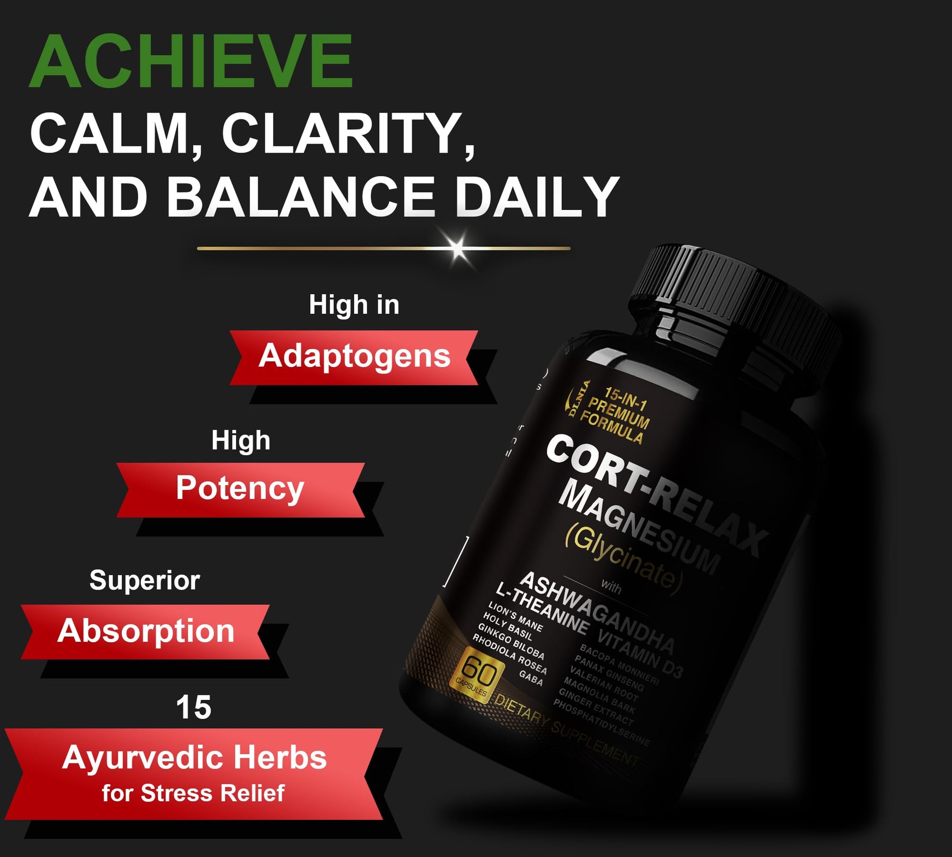 Super Calm Cortisol Supplements for Women & Men with Magnesium Glycinate, Ashwagandha, L-Theanine, Phosphatidylserine, Ginkgo & Lions Mane for Calm, Focus, Mental Clarity, Relaxation, Sleep, Energy - OzHealthStandard