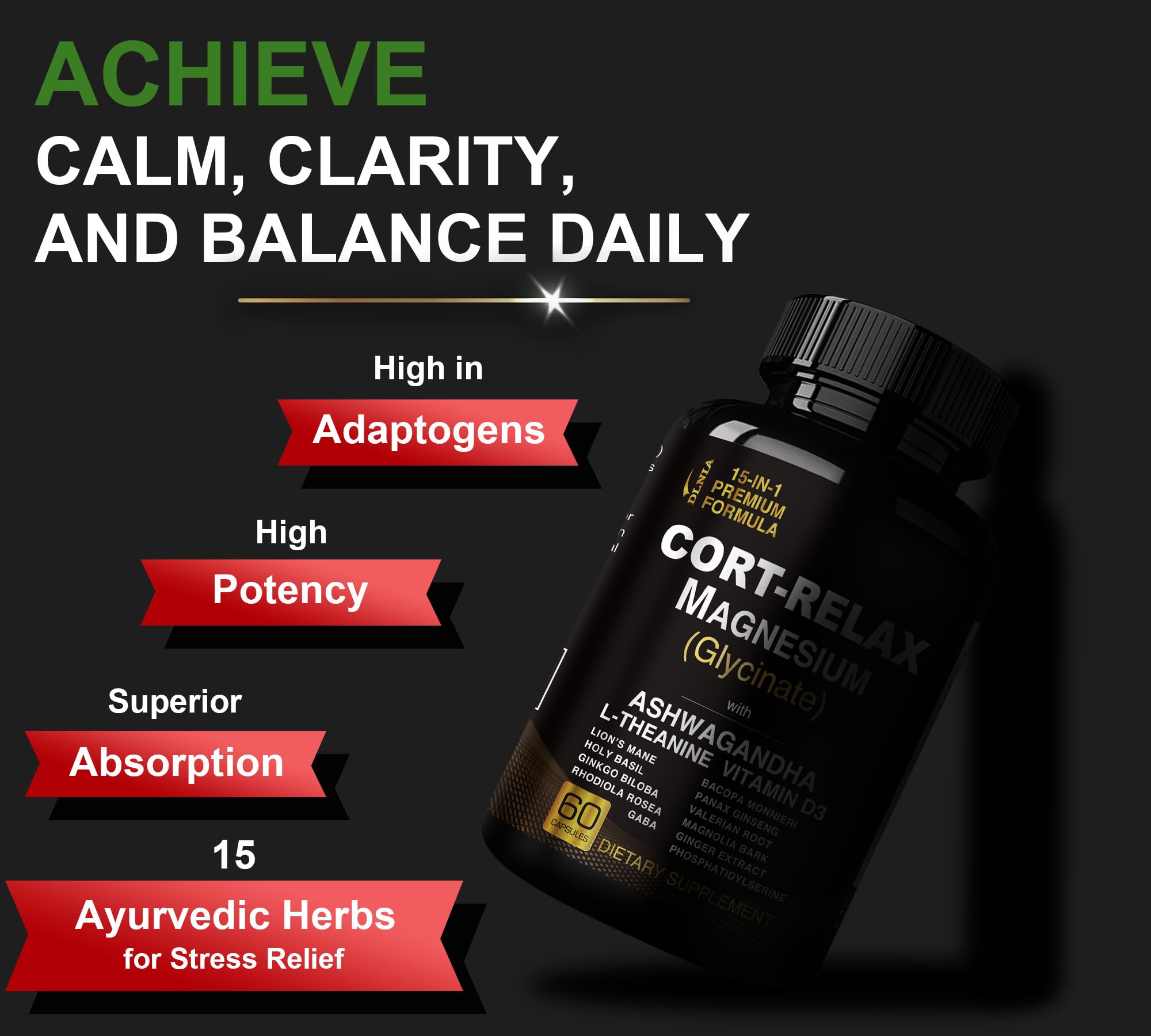 Super Calm Cortisol Supplements for Women & Men with Magnesium Glycinate, Ashwagandha, L-Theanine, Phosphatidylserine, Ginkgo & Lions Mane for Calm, Focus, Mental Clarity, Relaxation, Sleep, Energy - OzHealthStandard