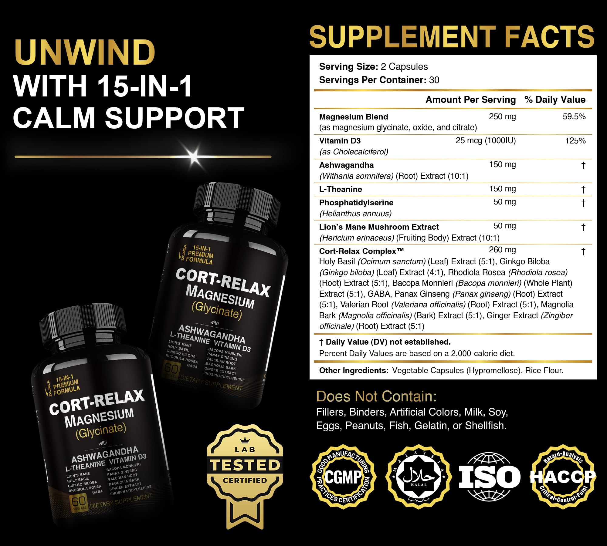 Super Calm Cortisol Supplements for Women & Men with Magnesium Glycinate, Ashwagandha, L-Theanine, Phosphatidylserine, Ginkgo & Lions Mane for Calm, Focus, Mental Clarity, Relaxation, Sleep, Energy - OzHealthStandard